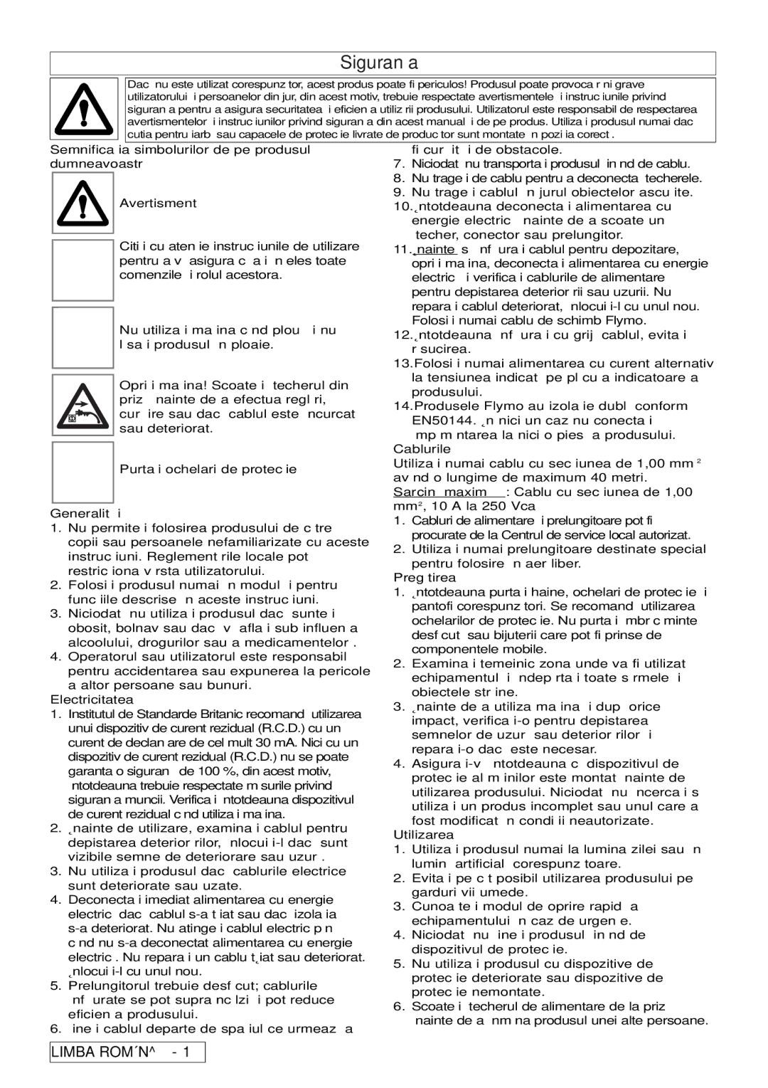 Flymo 6500XT, 7000XT, 5500, 6000XT manual Siguranţa 