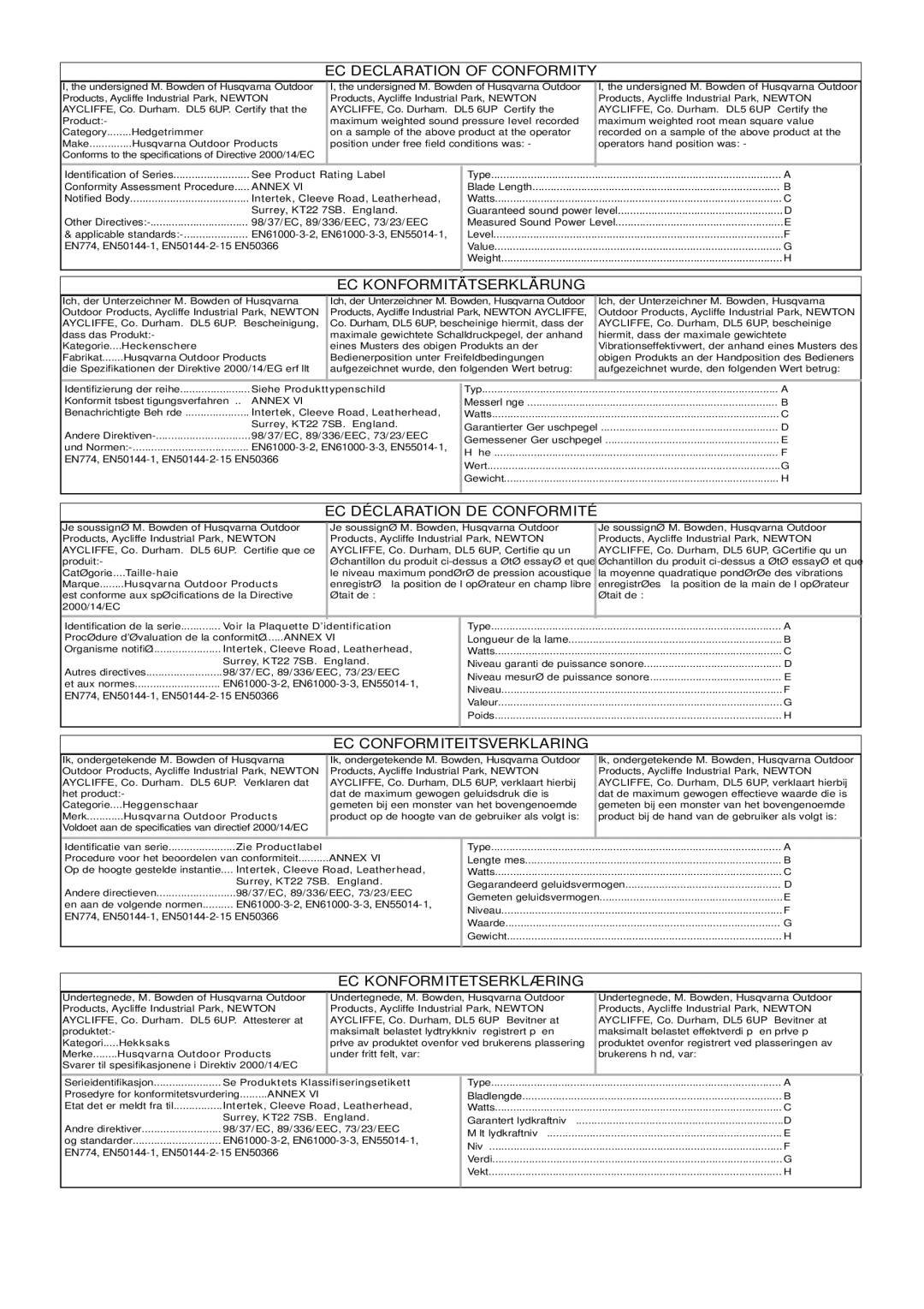 Flymo 7000XT, 5500, 6500XT, 6000XT manual EC Declaration of Conformity, EC Konformitätserklärung, EC Déclaration DE Conformité 