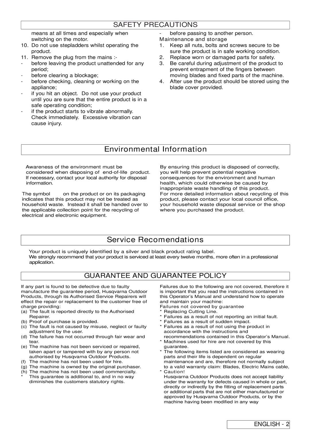 Flymo 6000XT, 7000XT, 5500, 6500XT manual Environmental Information, Service Recomendations, Maintenance and storage 