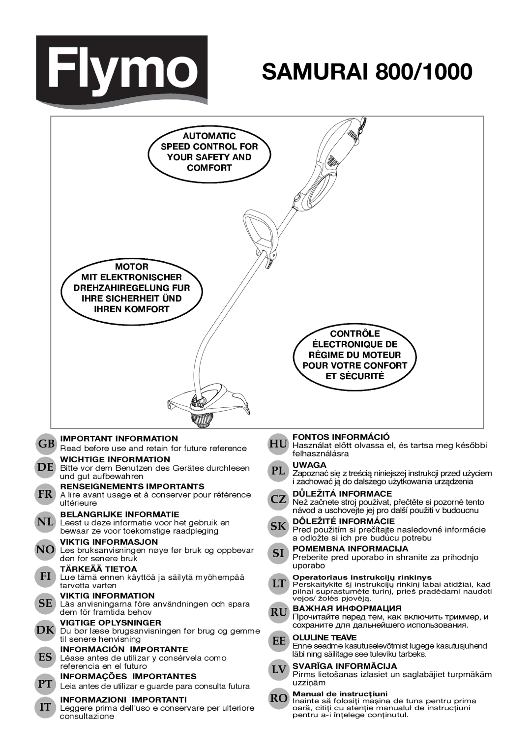 Flymo 800/1000 manual Important Information, Wichtige Information, Renseignements Importants, Belangrijke Informatie 