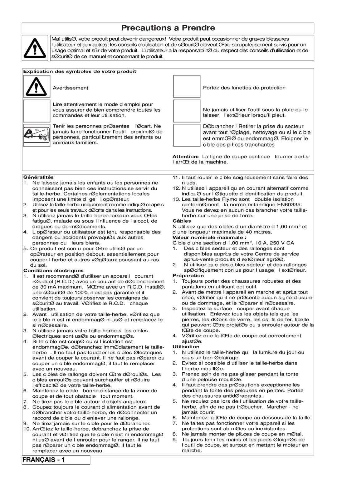 Flymo 800/1000 manual Precautions a Prendre 