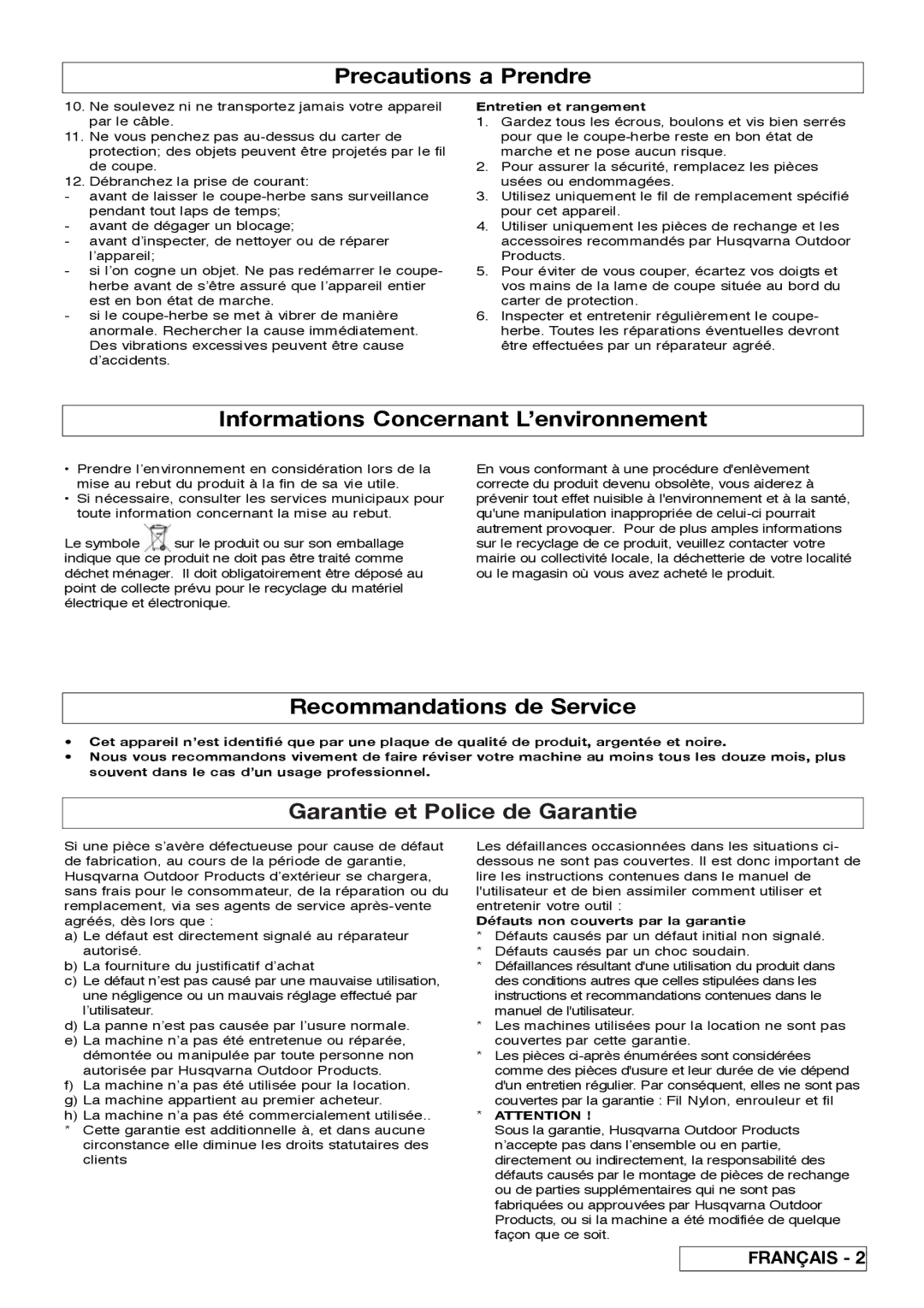 Flymo 800/1000 manual Precautions a Prendre, Informations Concernant L’environnement, Recommandations de Service 