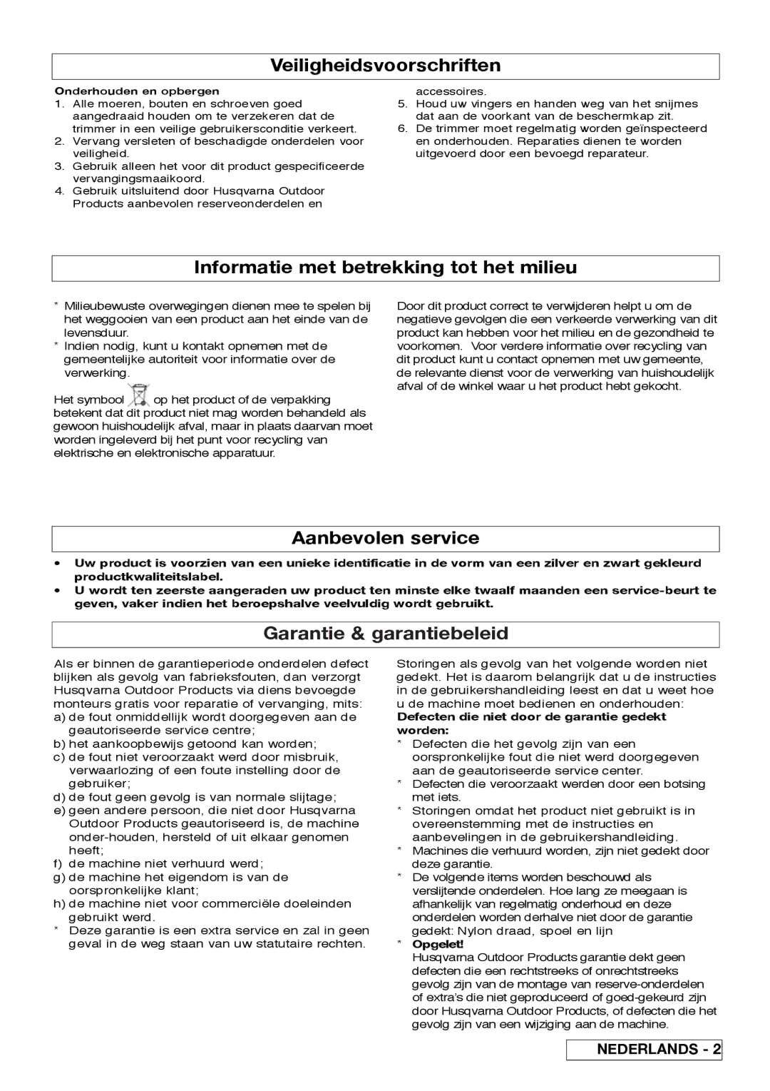 Flymo 800/1000 manual Veiligheidsvoorschriften, Informatie met betrekking tot het milieu, Aanbevolen service 