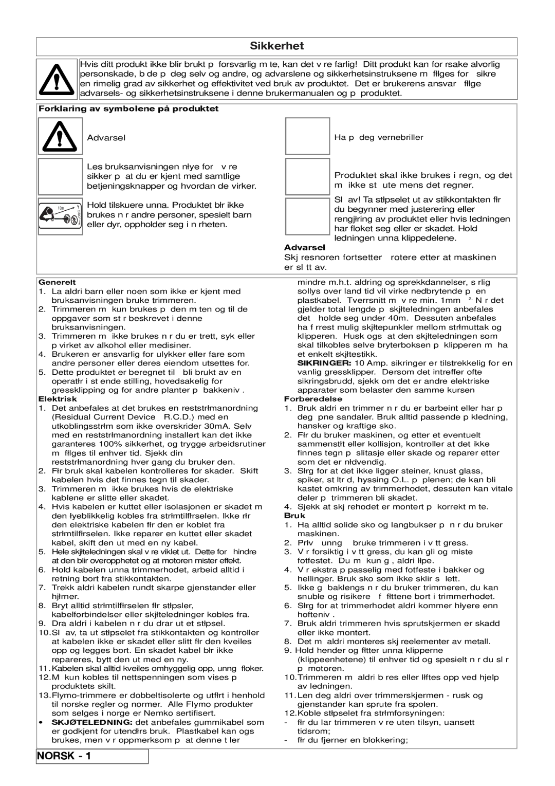 Flymo 800/1000 manual Forklaring av symbolene på produktet, Generelt, Elektrisk Forberedelse, Bruk 