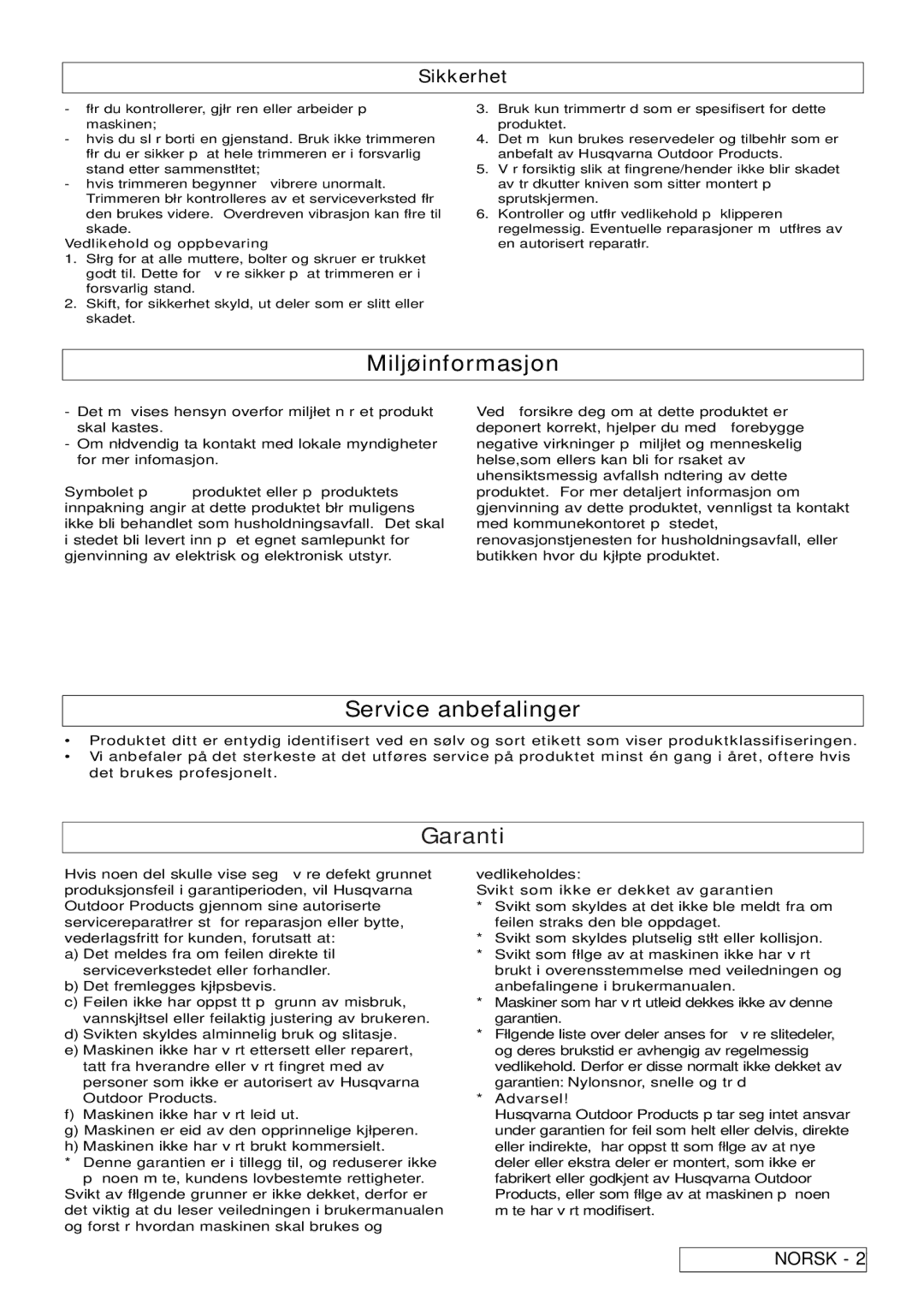 Flymo 800/1000 manual Miljøinformasjon, Service anbefalinger, Garanti, Svikt som ikke er dekket av garantien 