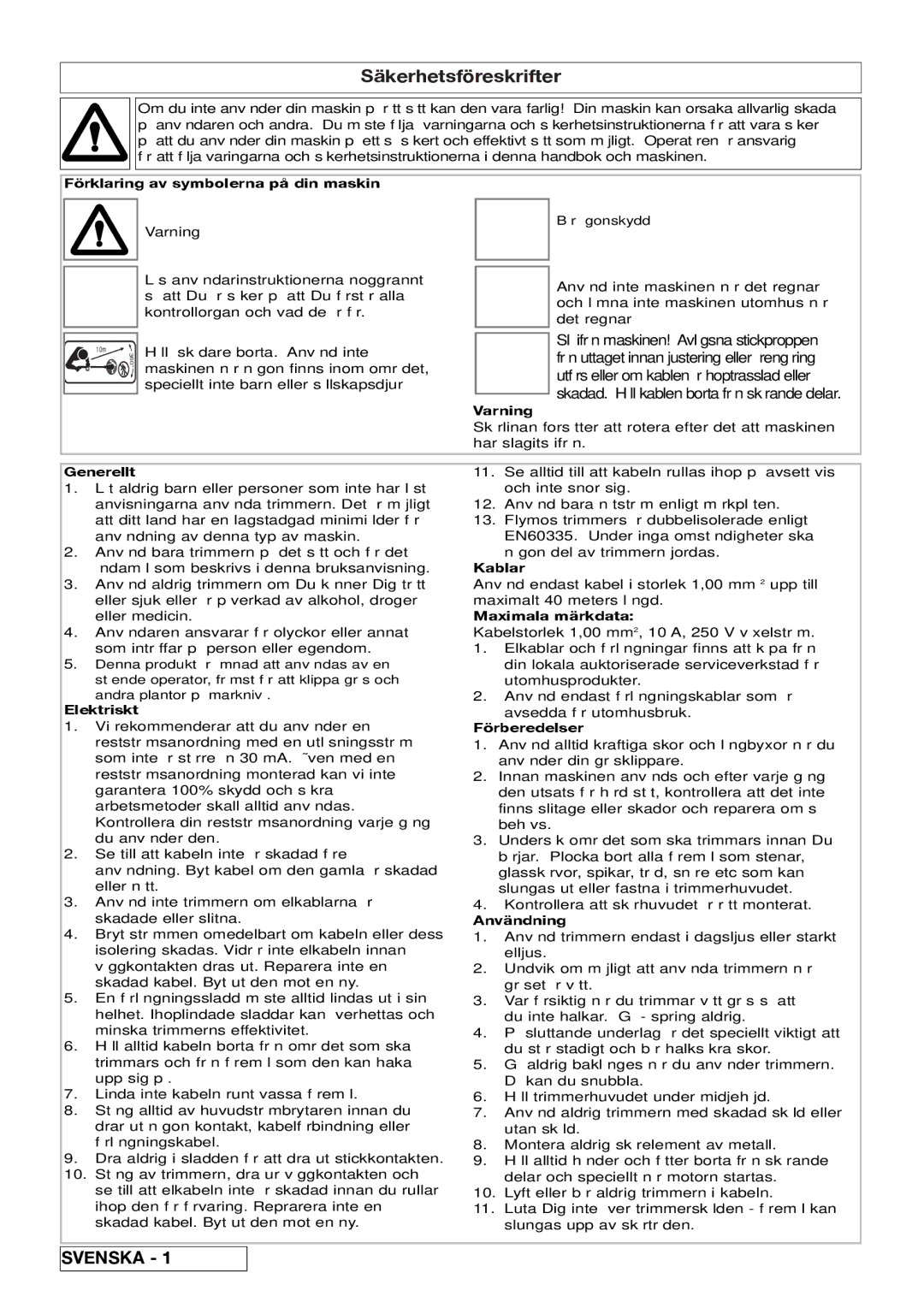 Flymo 800/1000 manual Förklaring av symbolerna på din maskin, Varning, Generellt, Kablar, Maximala märkdata, Elektriskt 