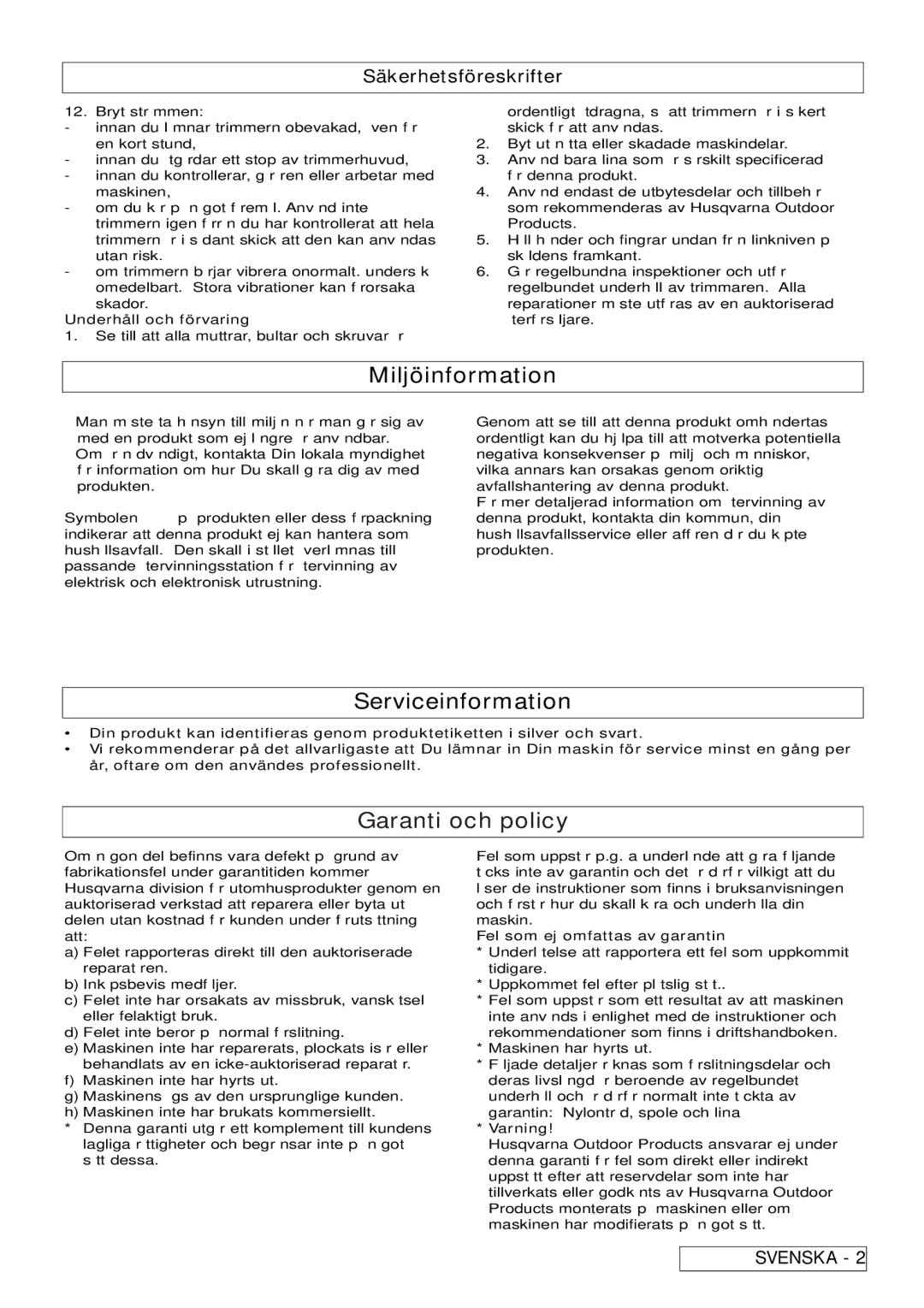 Flymo 800/1000 manual Miljöinformation, Serviceinformation, Garanti och policy, Underhåll och förvaring 