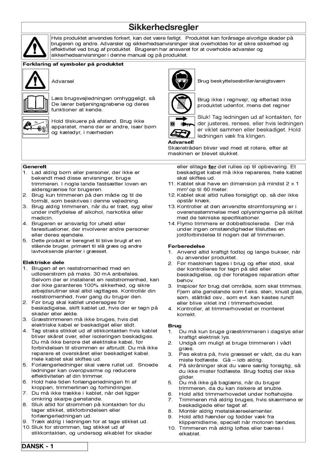 Flymo 800/1000 manual Sikkerhedsregler 