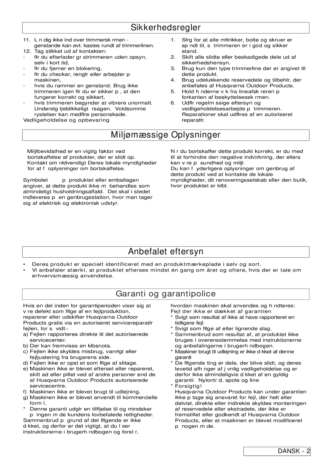 Flymo 800/1000 manual Sikkerhedsregler, Miljømæssige Oplysninger, Anbefalet eftersyn, Garanti og garantipolice 