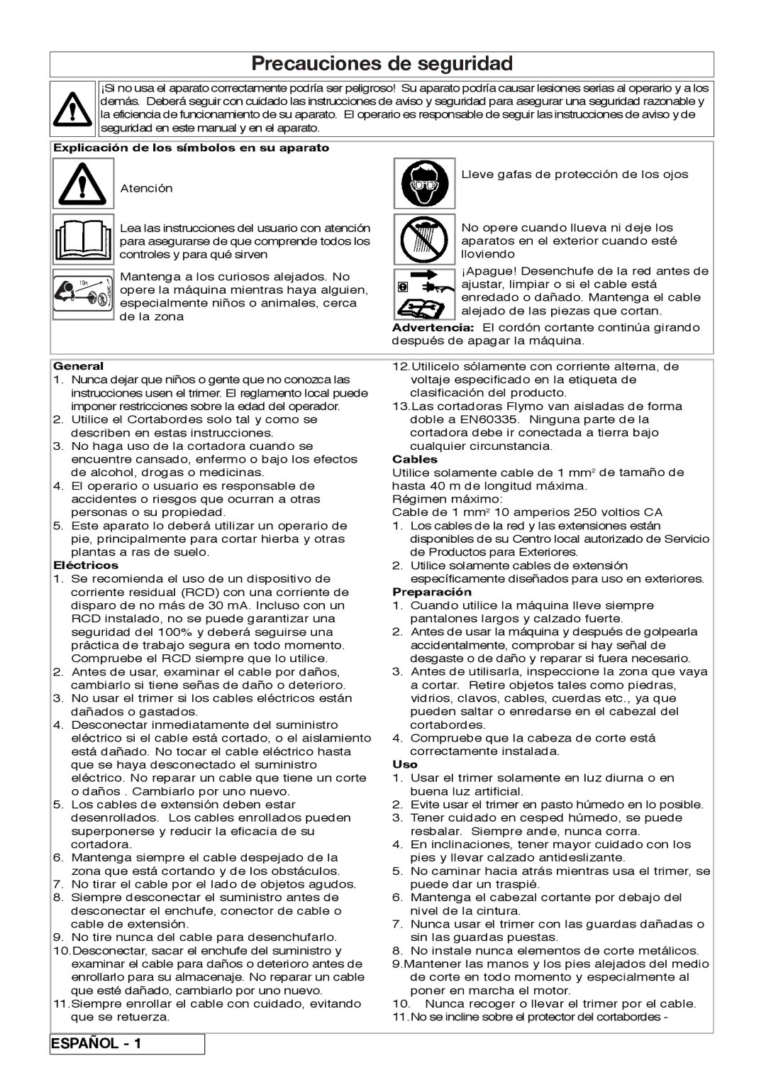 Flymo 800/1000 manual Precauciones de seguridad, Explicación de los símbolos en su aparato, Eléctricos, Preparación, Uso 