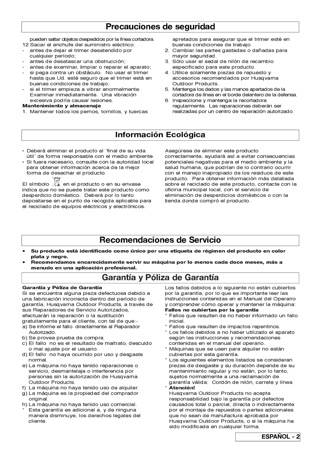 Flymo 800/1000 manual Precauciones de seguridad, Recomendaciones de Servicio, Garantía y Póliza de Garantía 