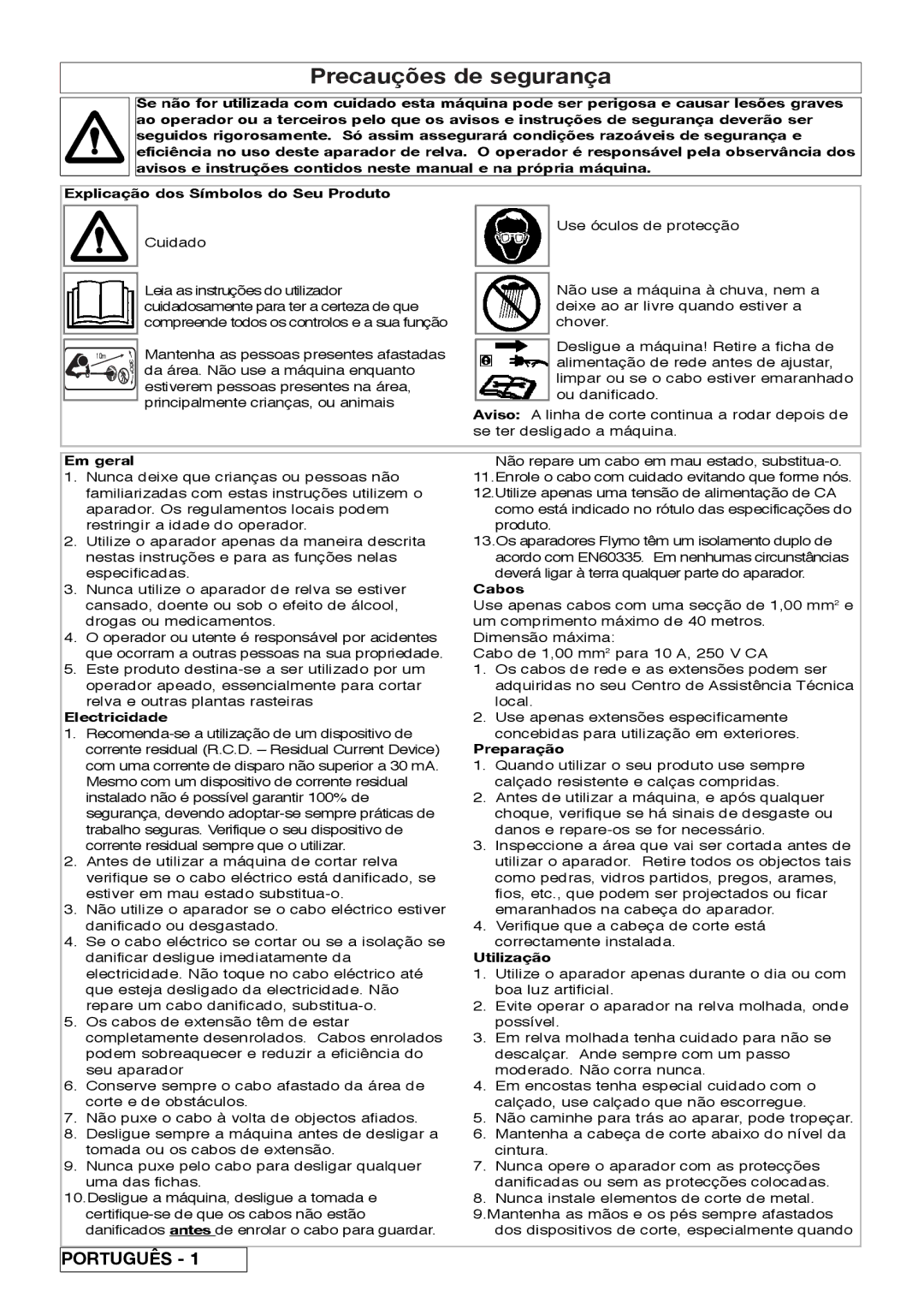 Flymo 800/1000 manual Precauções de segurança 