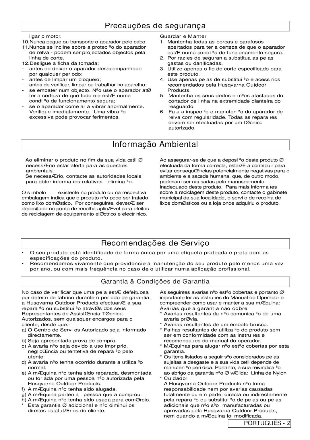 Flymo 800/1000 manual Informação Ambiental, Precauções de segurança, Recomendações de Serviço 