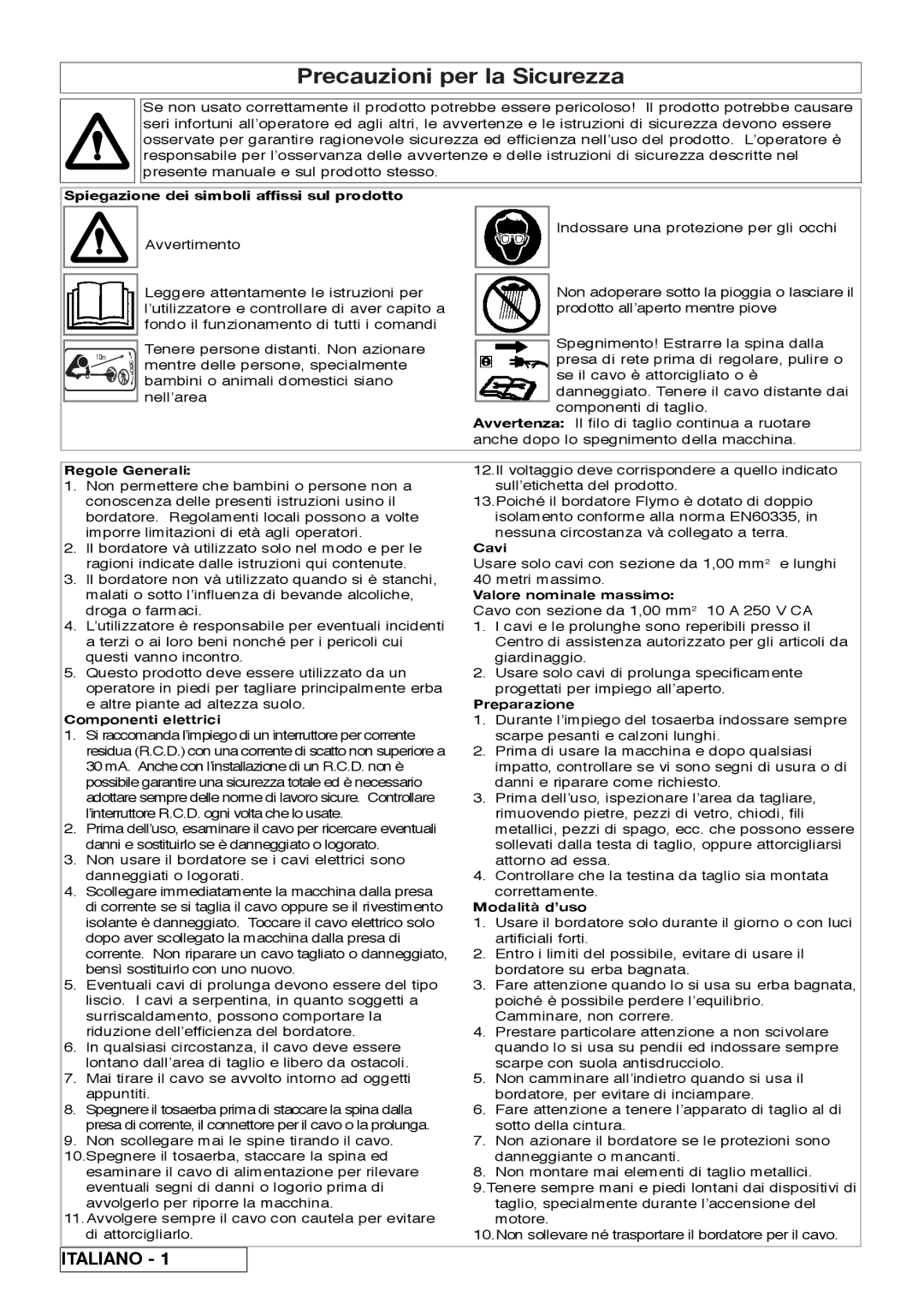 Flymo 800/1000 manual Precauzioni per la Sicurezza 