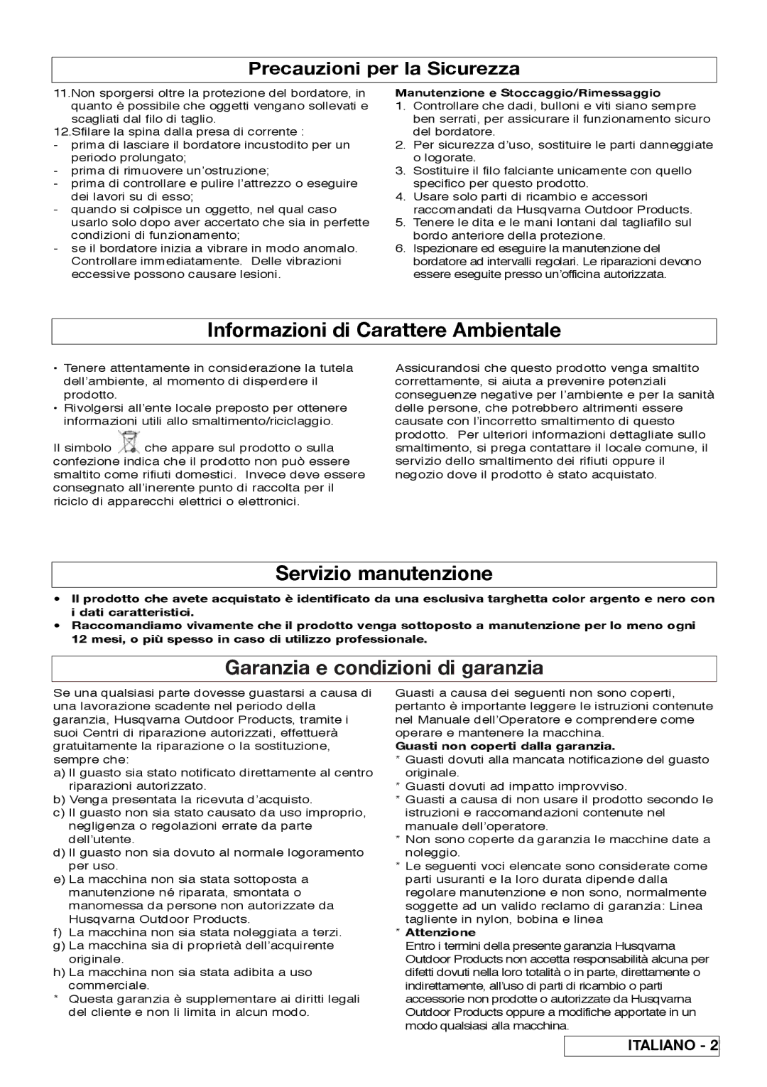 Flymo 800/1000 manual Informazioni di Carattere Ambientale, Servizio manutenzione, Garanzia e condizioni di garanzia 