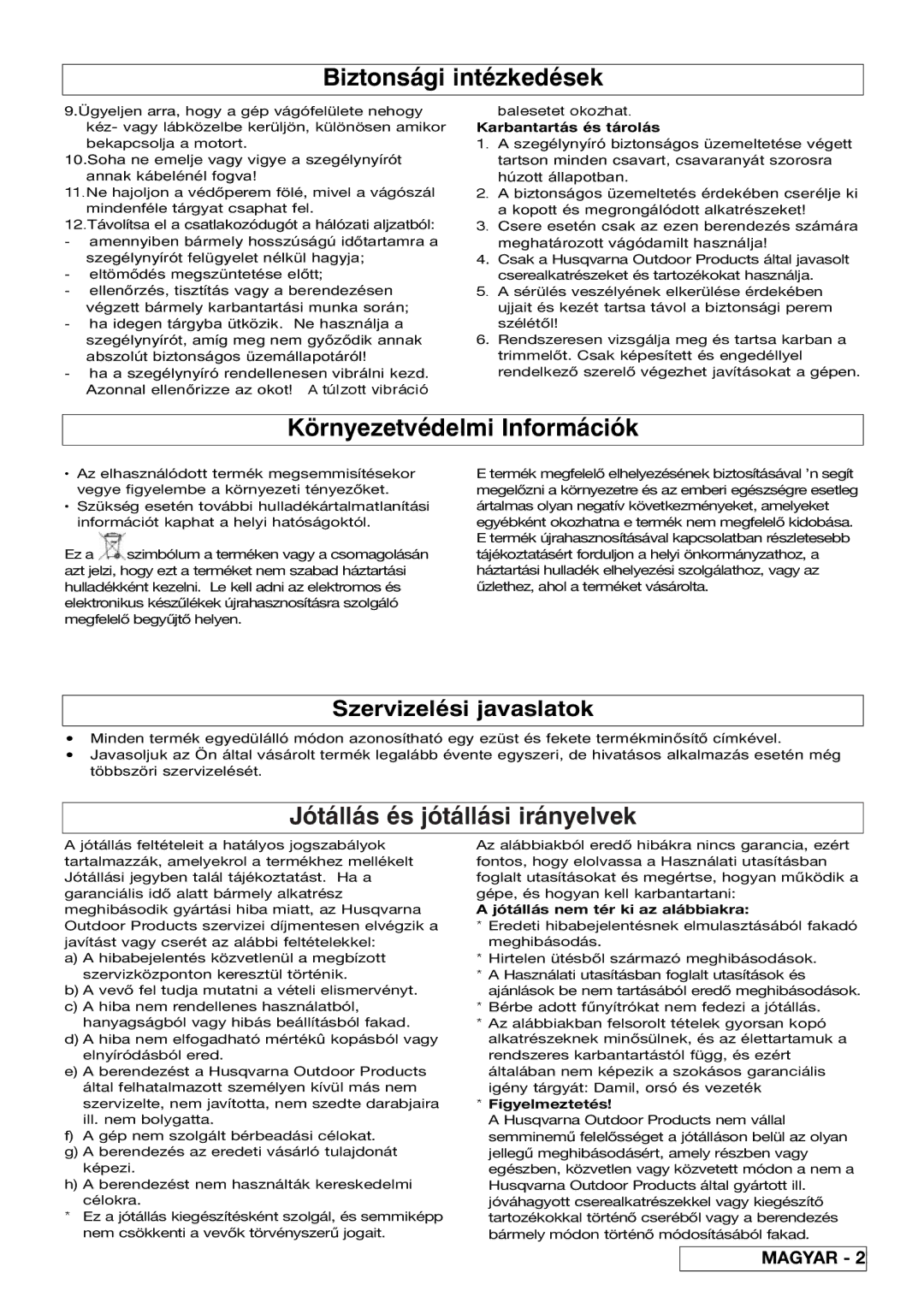 Flymo 800/1000 manual Biztonsági intézkedések, Környezetvédelmi Információk, Jótállás és jótállási irányelvek 