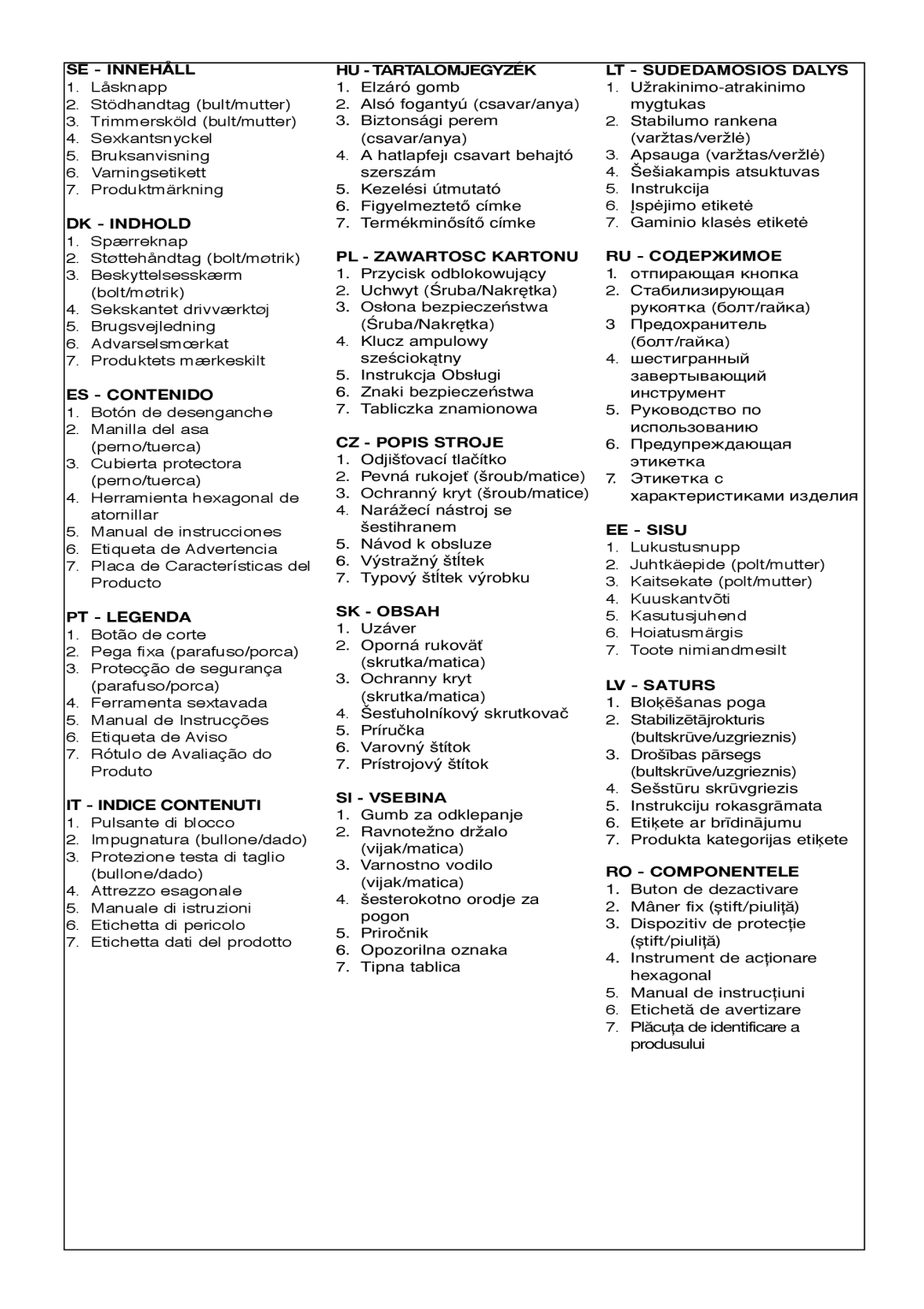 Flymo 800/1000 manual SE Innehåll, HU Tartalomjegyzék 1. Elzáró gomb 