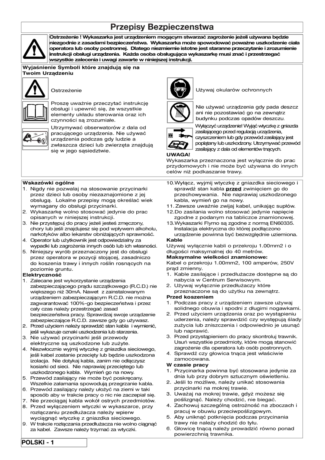 Flymo 800/1000 manual Przepisy Bezpieczenstwa, Uwaga 