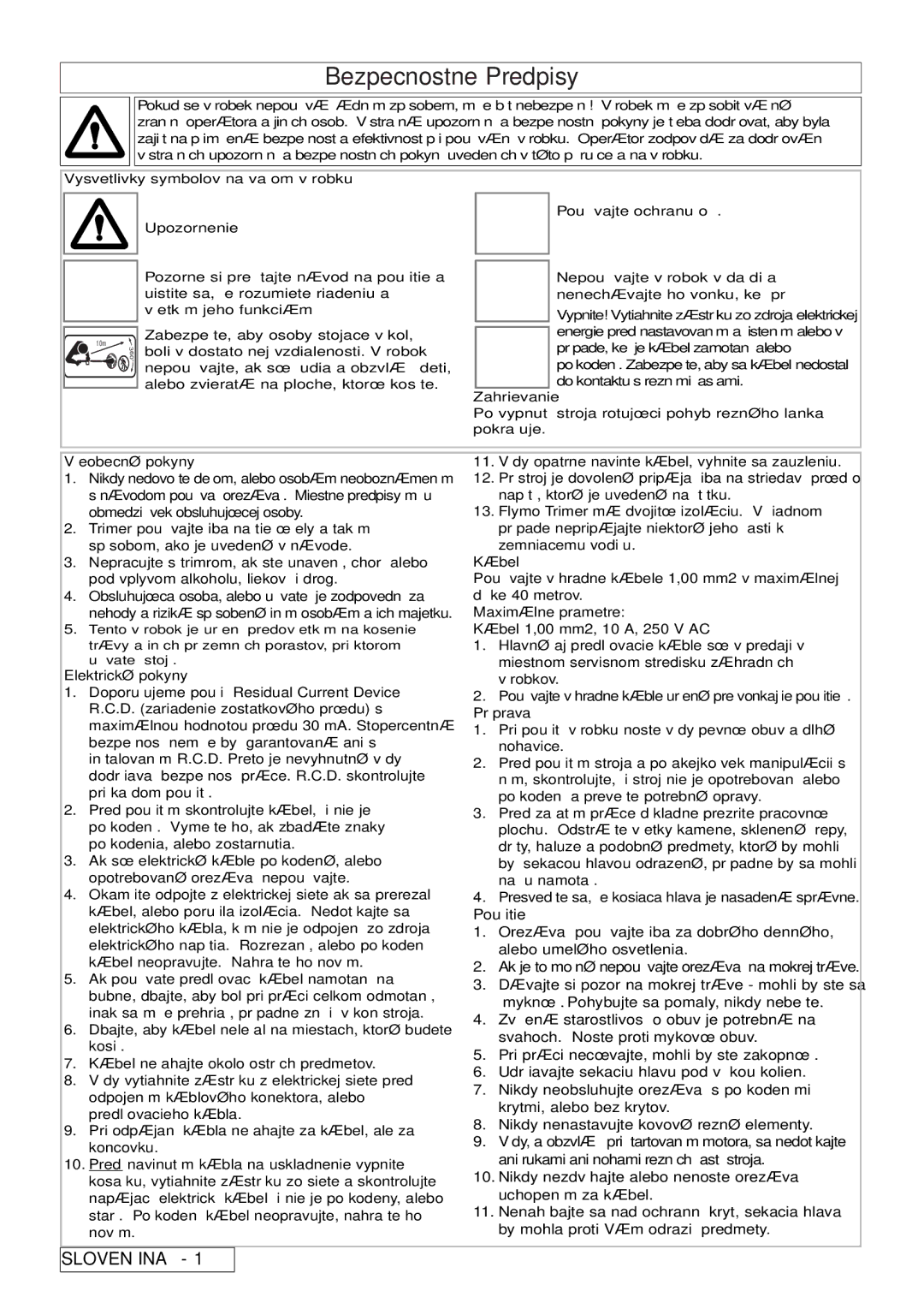 Flymo 800/1000 manual Bezpecnostne Predpisy, Použitie 