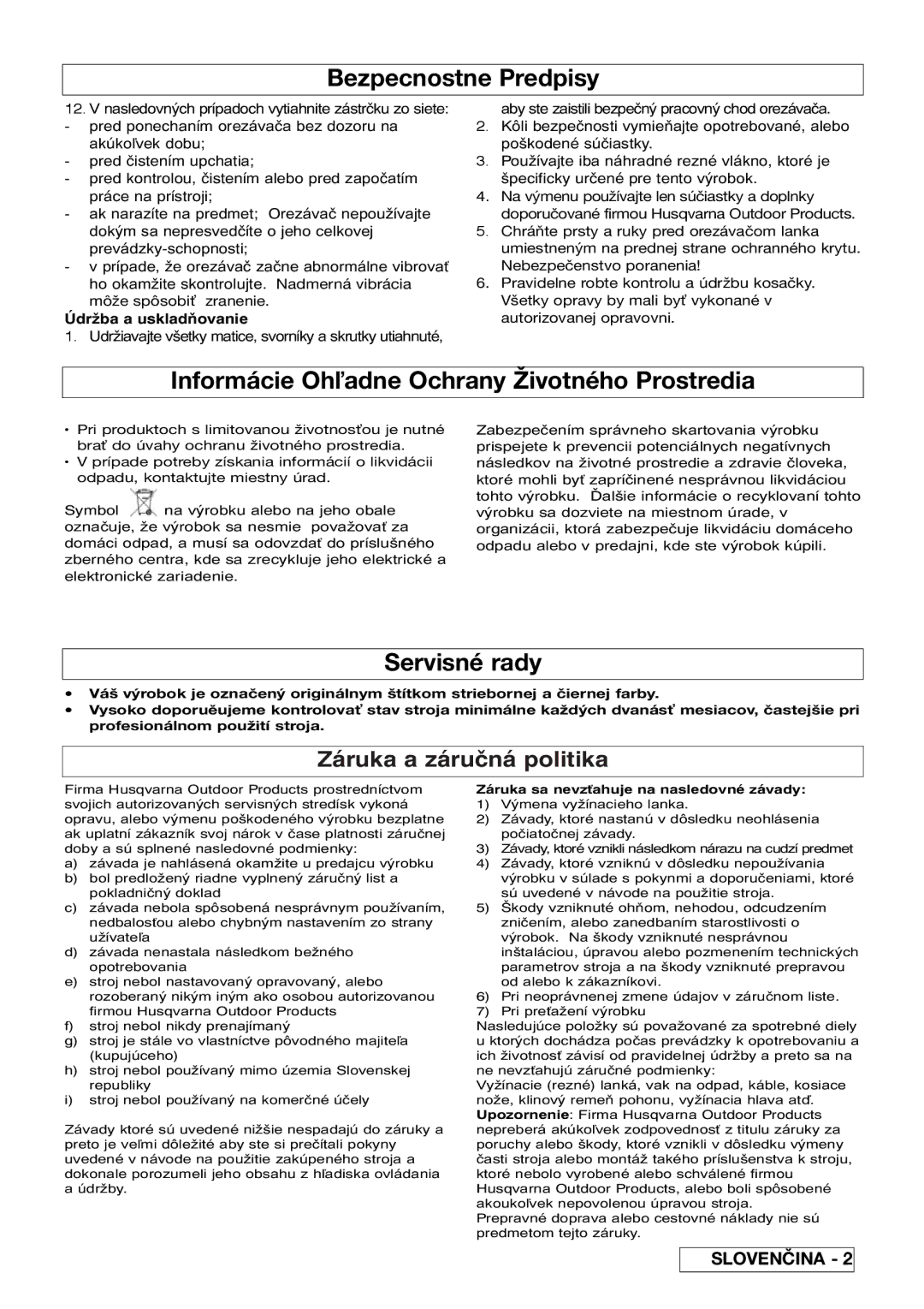 Flymo 800/1000 manual Bezpecnostne Predpisy, Informácie Ohostredia, Servisné rady, Záruka a záručná politika 