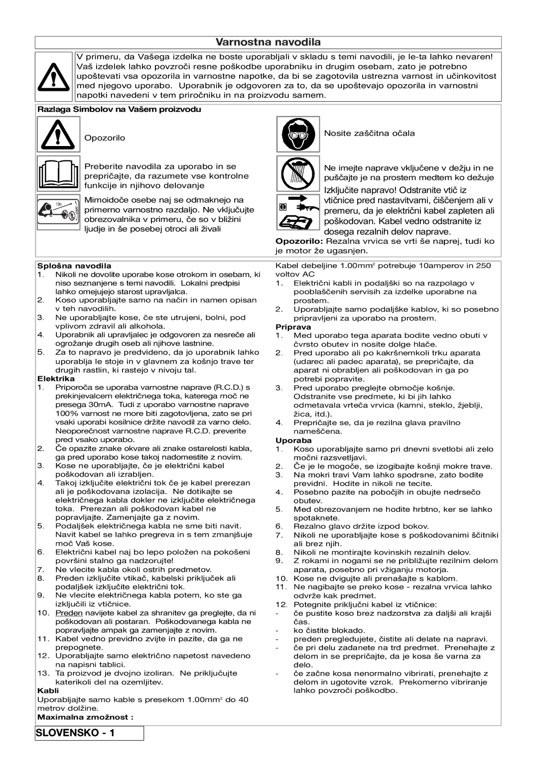 Flymo 800/1000 manual Razlaga Simbolov na Vašem proizvodu 