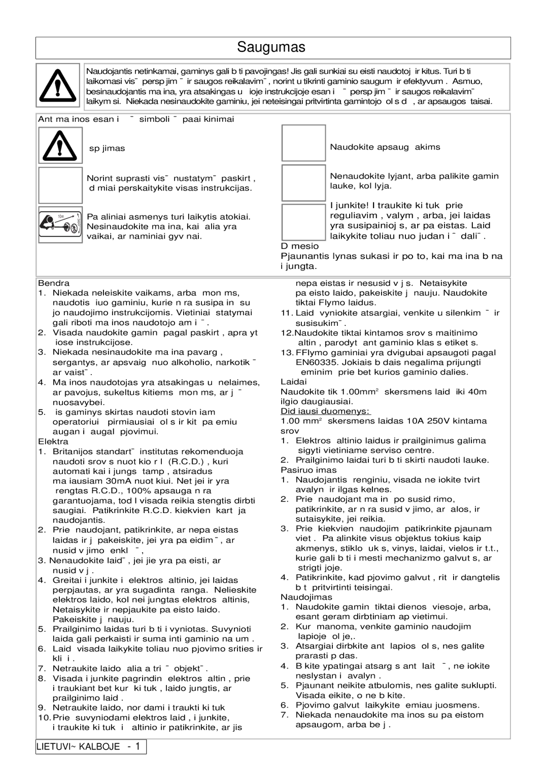 Flymo 800/1000 manual Saugumas, Dėmesio 