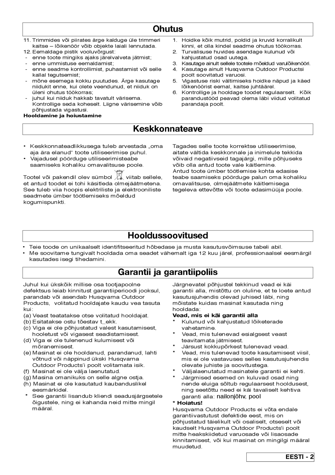 Flymo 800/1000 Keskkonnateave, Hooldussoovitused, Garantii ja garantiipoliis, Vead, mis ei käi garantii alla, Hoiatus 