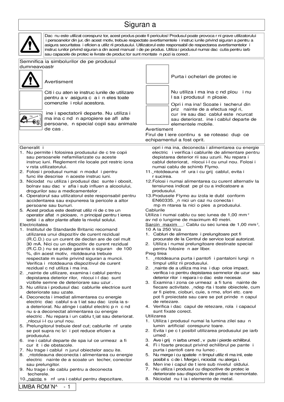 Flymo 800/1000 manual Siguranţa, Semnificaţia simbolurilor de pe produsul dumneavoastră 