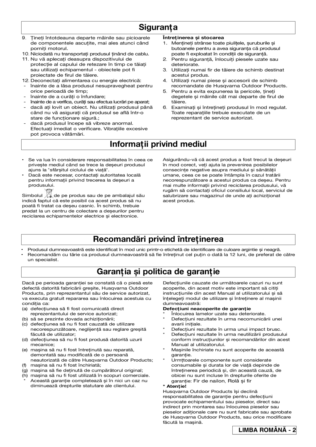 Flymo 800/1000 manual Informaţii privind mediul, Recomandări privind întreţinerea, Garanţia și politica de garanţie 