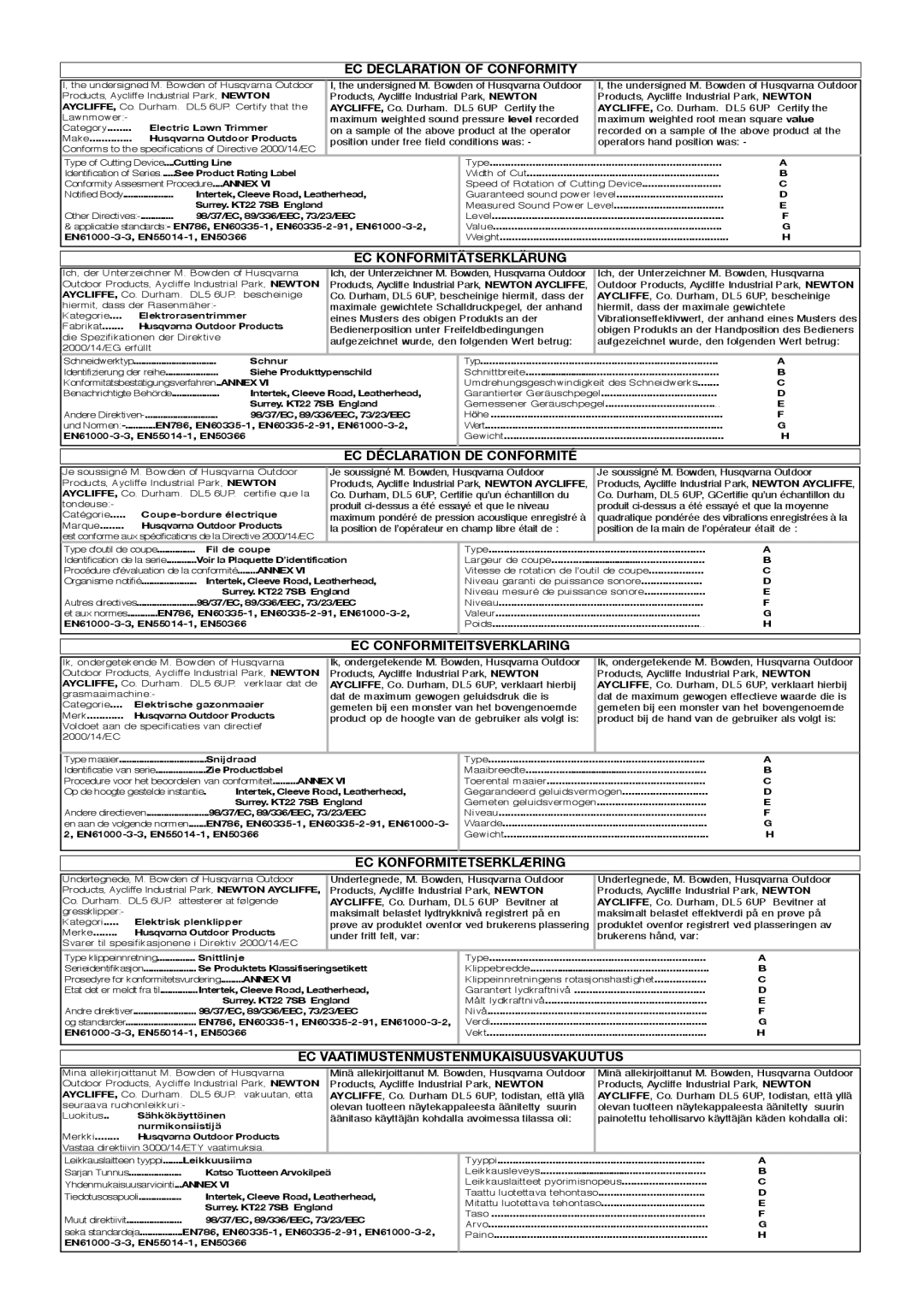 Flymo 800/1000 manual EC Declaration of Conformity, EC Konformitätserklärung, EC Déclaration DE Conformité 