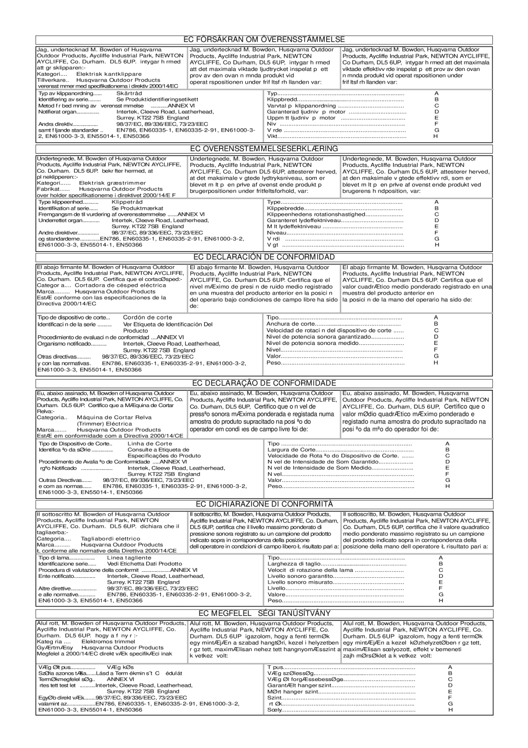 Flymo 800/1000 manual EC Försäkran OM Överensstämmelse, EC Overensstemmelseserklæring, EC Declaración DE Conformidad 