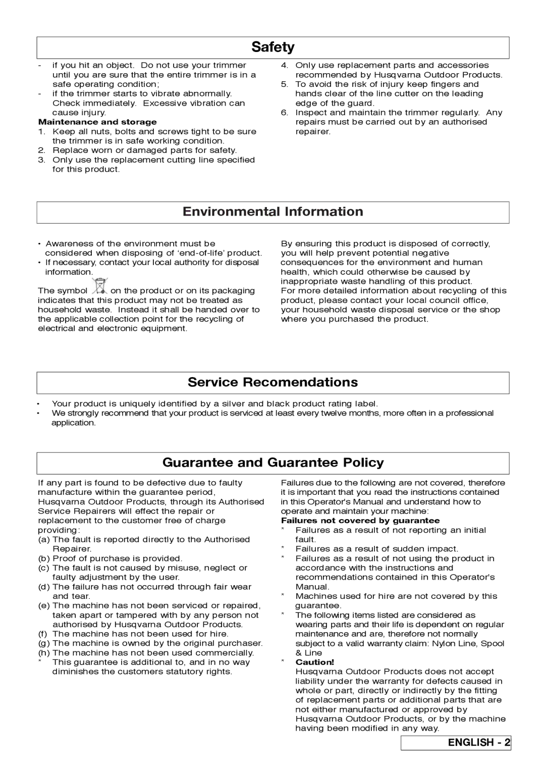 Flymo 800/1000 Environmental Information, Service Recomendations, Guarantee and Guarantee Policy, Maintenance and storage 