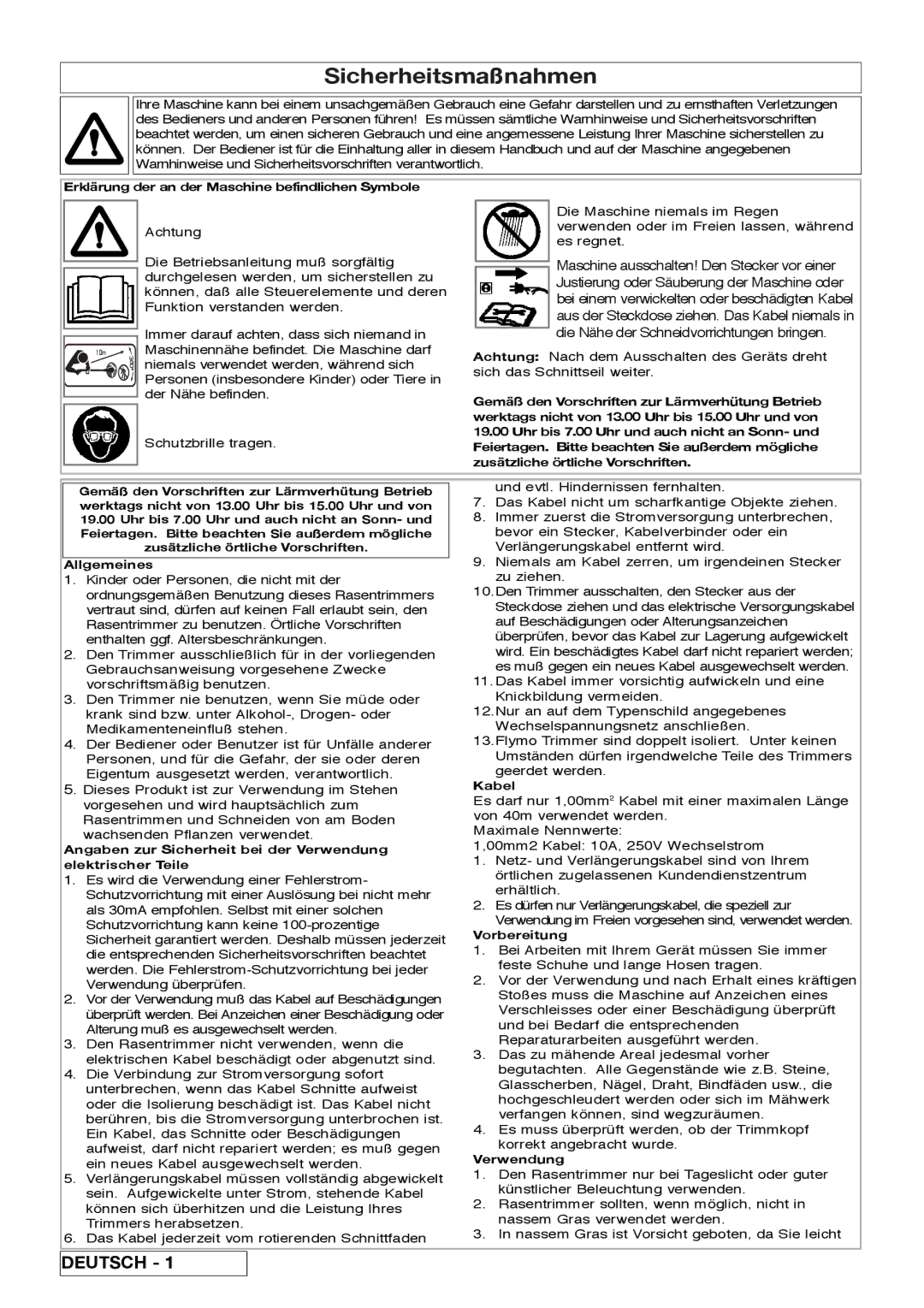 Flymo 800/1000 Sicherheitsmaßnahmen, Erklärung der an der Maschine befindlichen Symbole, Kabel, Vorbereitung, Verwendung 