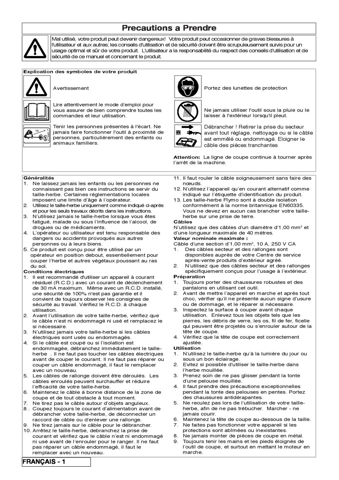 Flymo 800/1000 manual Precautions a Prendre, Français 