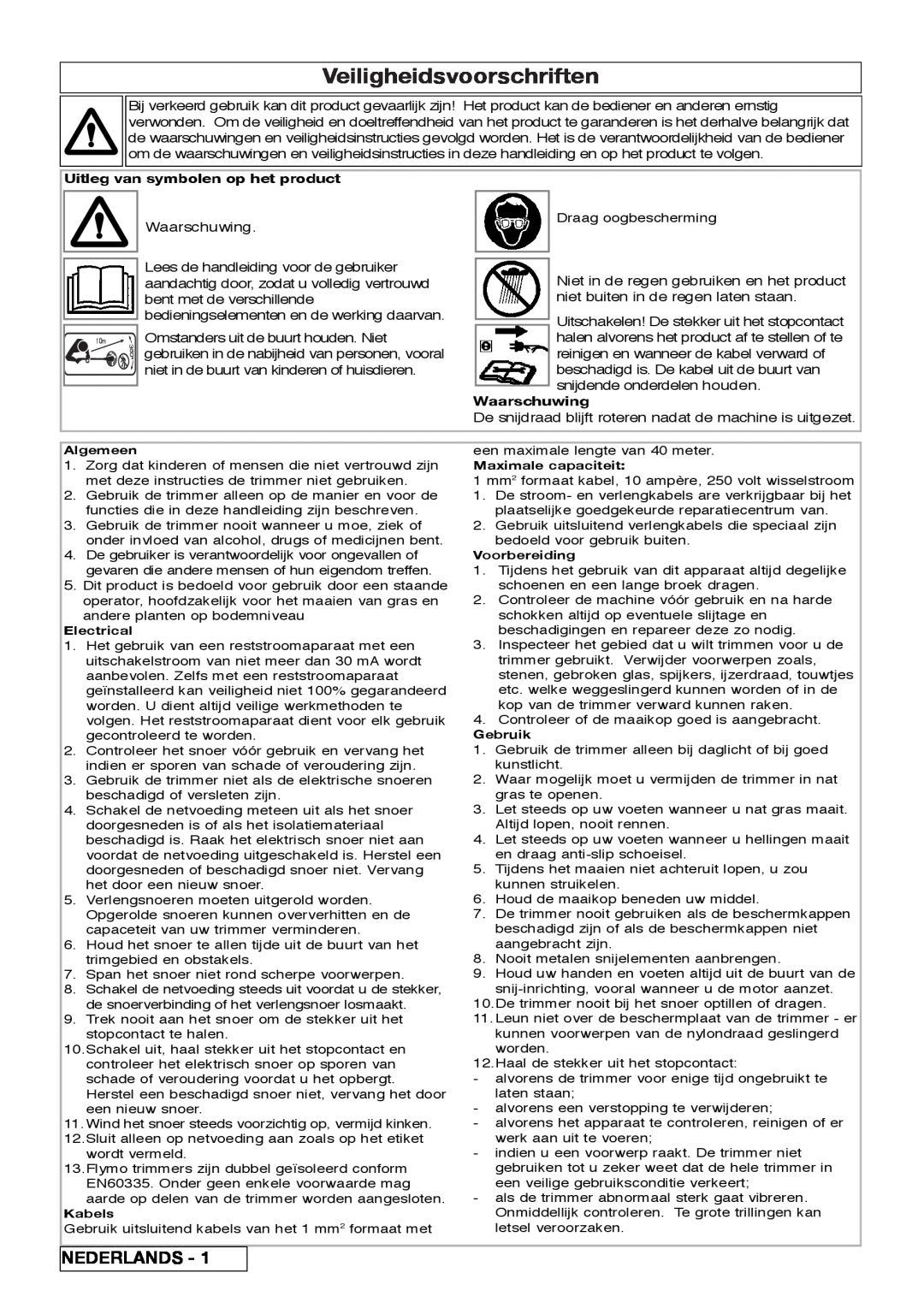 Flymo 800/1000 manual Veiligheidsvoorschriften, Nederlands, Uitleg van symbolen op het product, Waarschuwing 