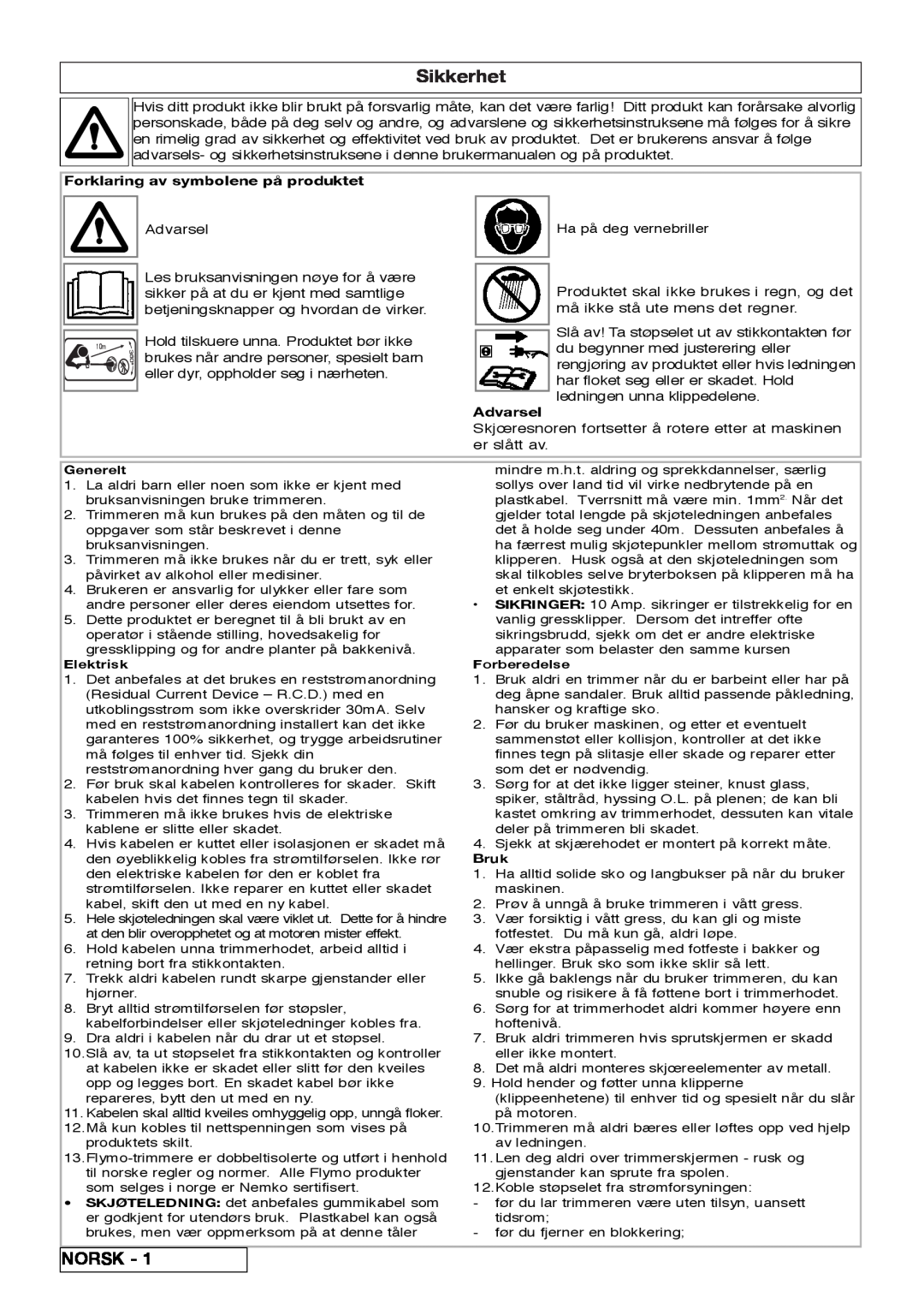 Flymo 800/1000 manual Sikkerhet, Norsk, Forklaring av symbolene på produktet, Advarsel 