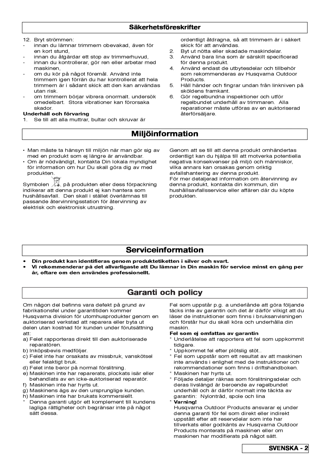 Flymo 800/1000 manual Miljöinformation, Serviceinformation, Garanti och policy, Säkerhetsföreskrifter, Svenska, Varning 