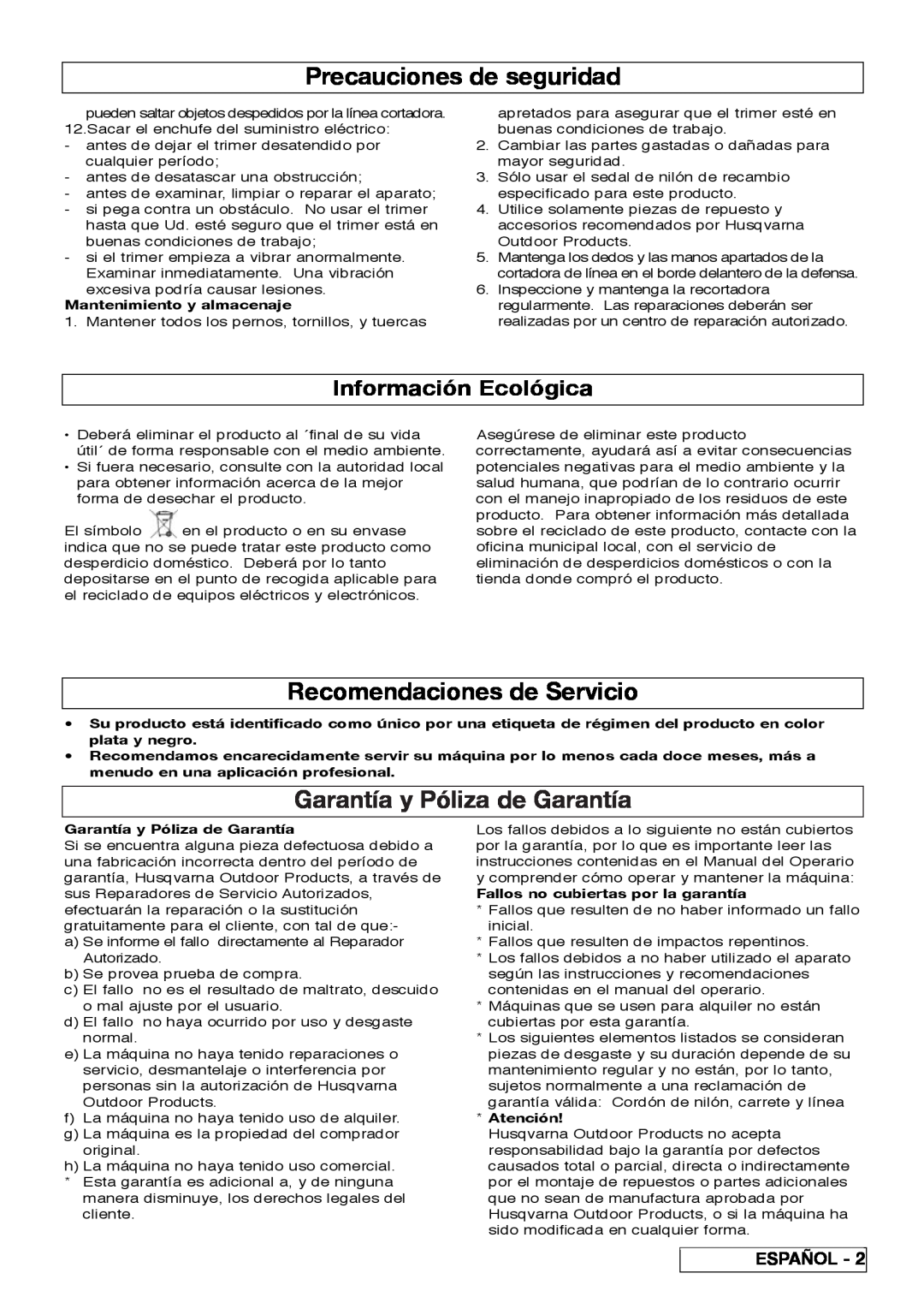 Flymo 800/1000 Precauciones de seguridad, Recomendaciones de Servicio, Garantía y Póliza de Garantía, Español, Atención 