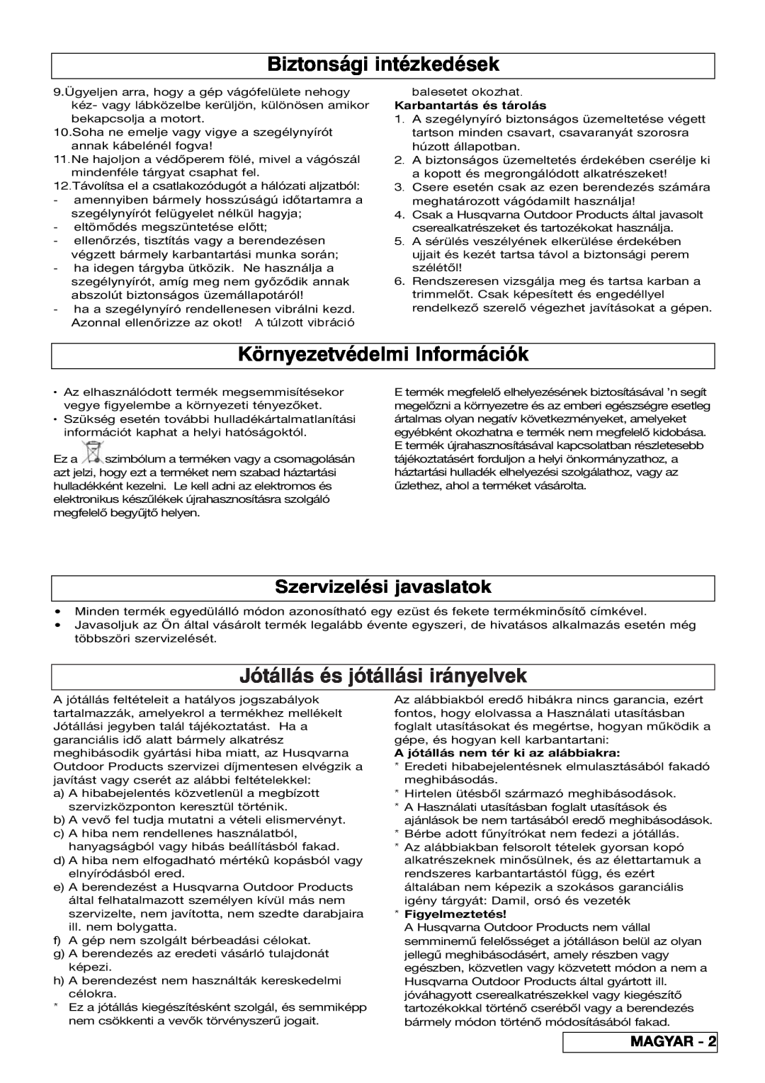 Flymo 800/1000 manual Biztonsági intézkedések, Környezetvédelmi Információk, Jótállás és jótállási irányelvek, Magyar 