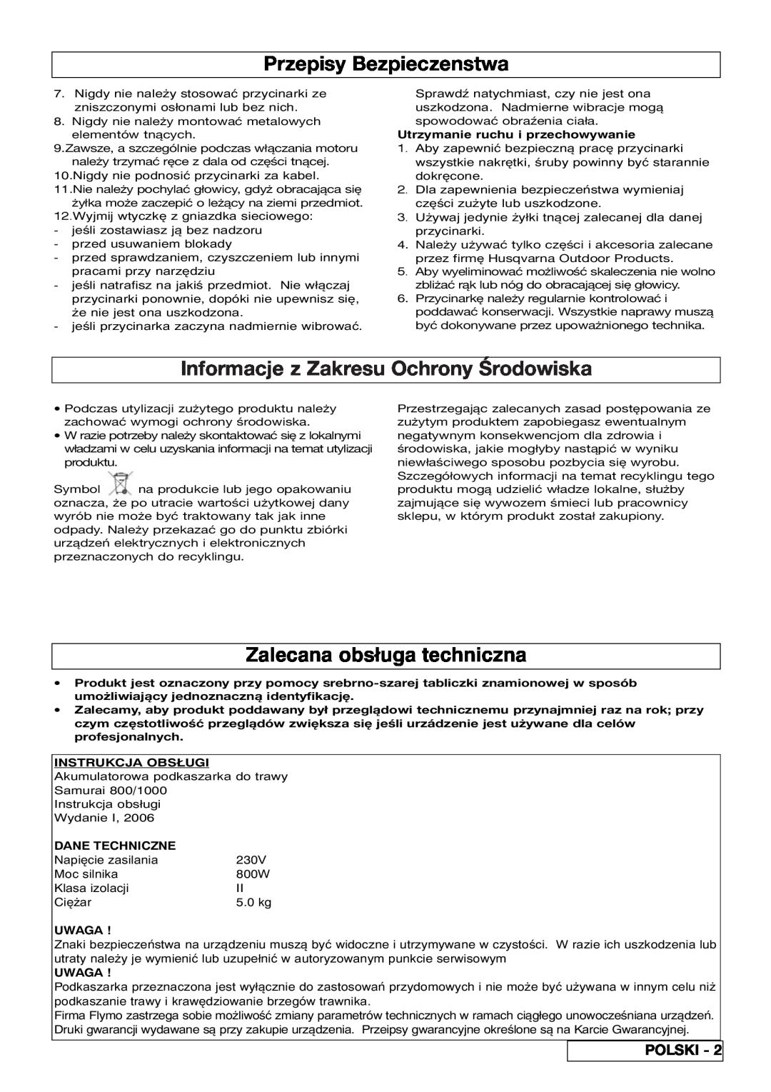 Flymo 800/1000 manual Przepisy Bezpieczenstwa, Informacje z Zakresu Ochrony Środowiska, Zalecana obsługa techniczna, Polski 