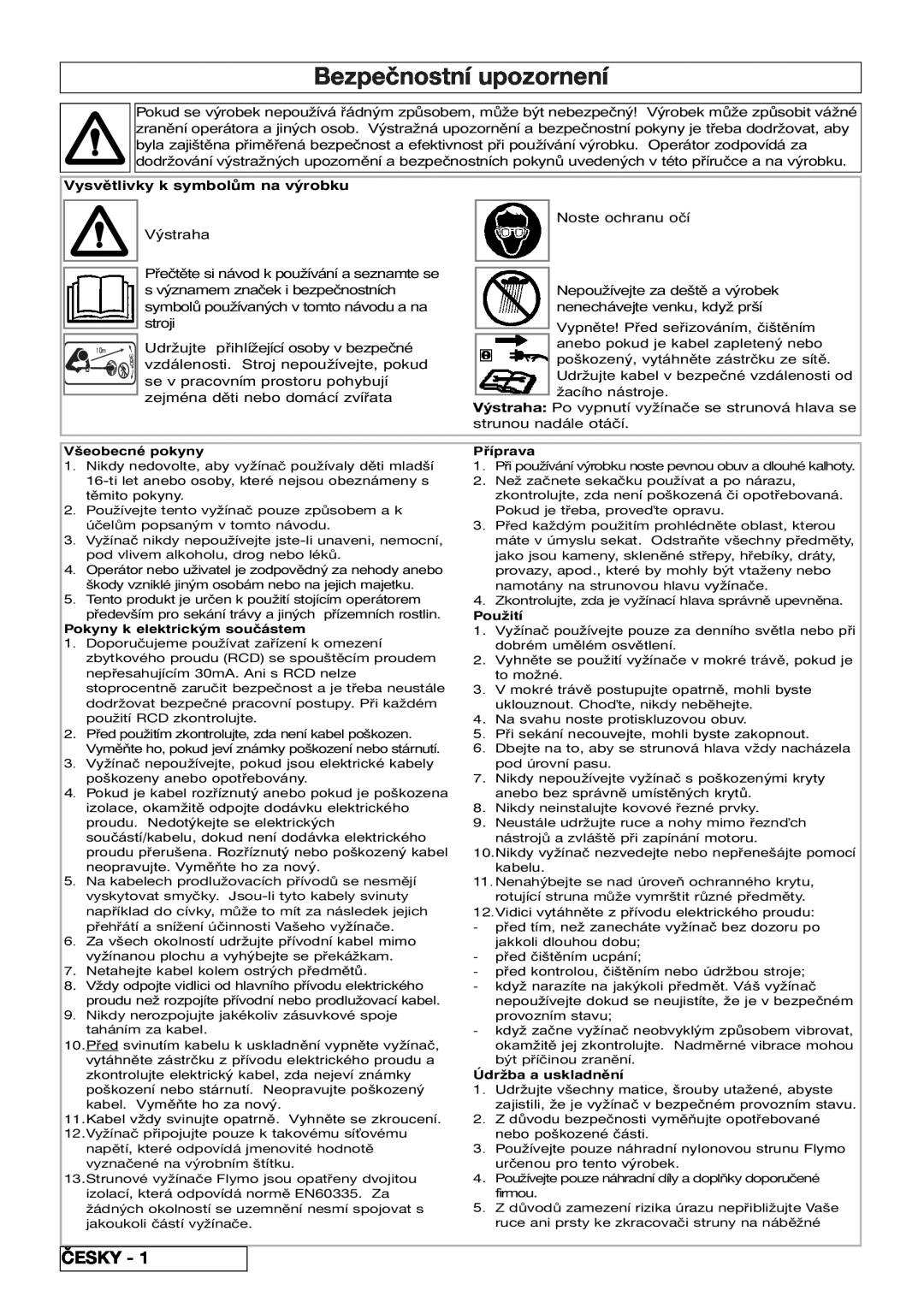 Flymo 800/1000 manual Bezpečnostní upozornení, Česky, Vysvětlivky k symbolům na výrobku 