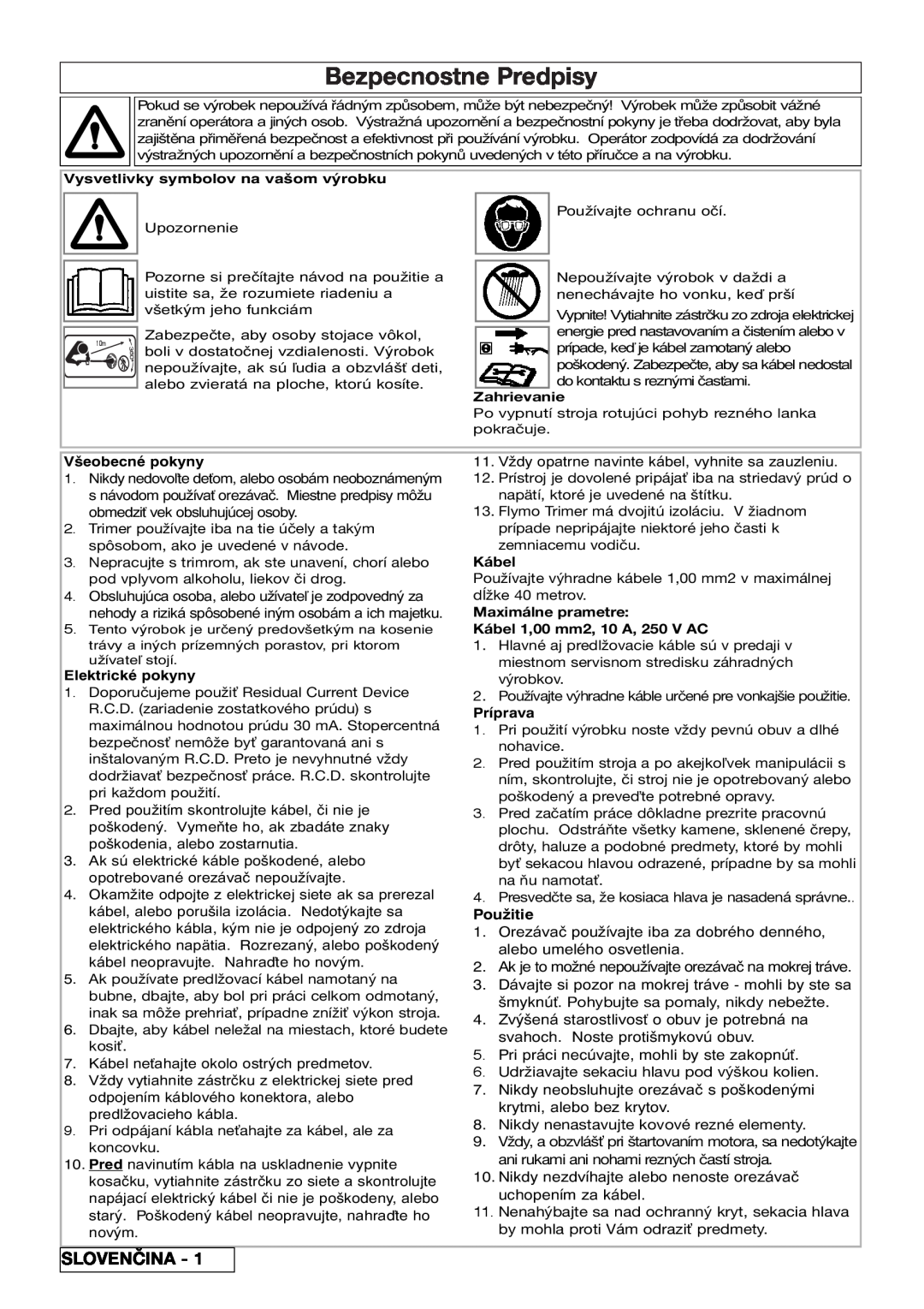 Flymo 800/1000 manual Bezpecnostne Predpisy, Slovenčina, Použitie 