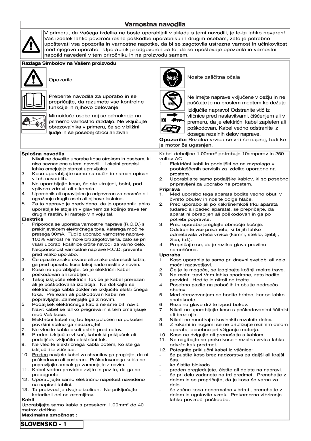 Flymo 800/1000 manual Varnostna navodila, Slovensko, Razlaga Simbolov na Vašem proizvodu 