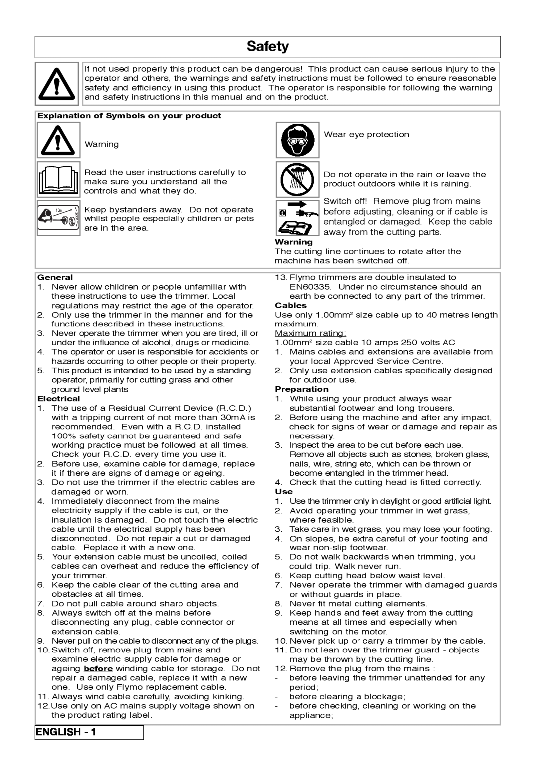 Flymo 800/1000 manual Safety, English, Explanation of Symbols on your product, General, Electrical, Cables, Preparation 