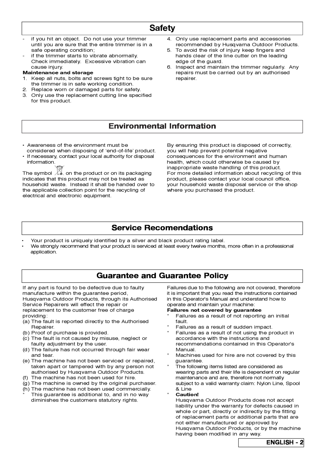 Flymo 800/1000 manual Environmental Information, Service Recomendations, Guarantee and Guarantee Policy, Safety, English 