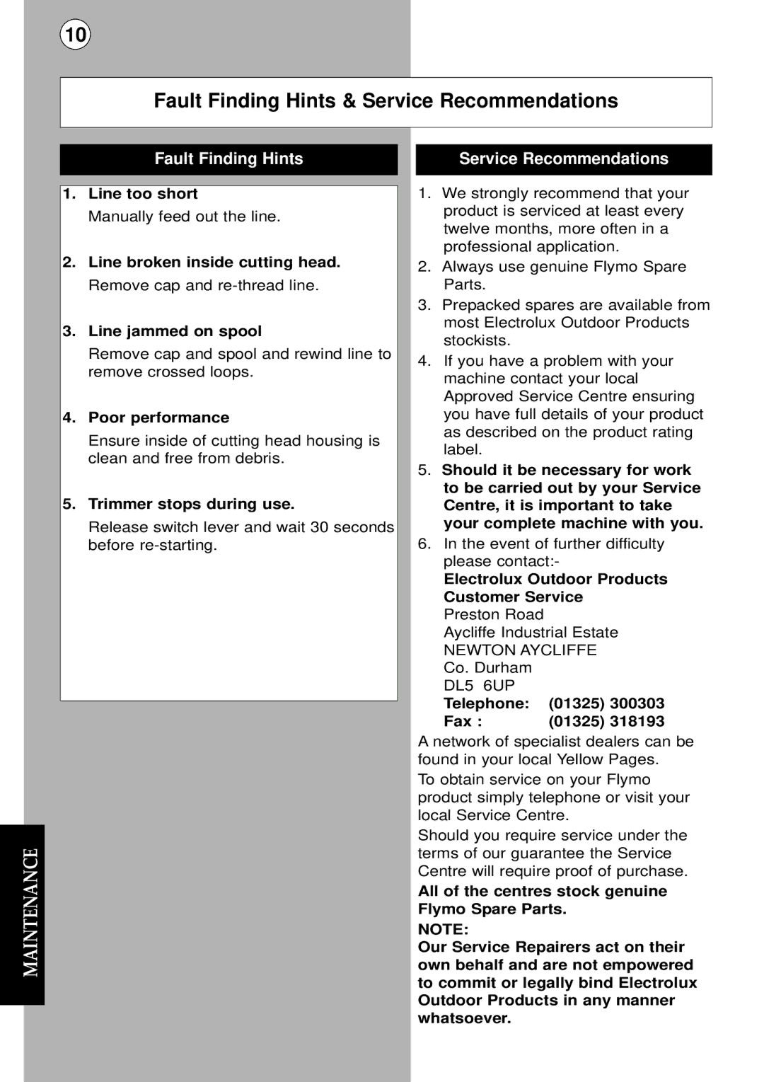 Flymo Auto instruction manual Fault Finding Hints & Service Recommendations 