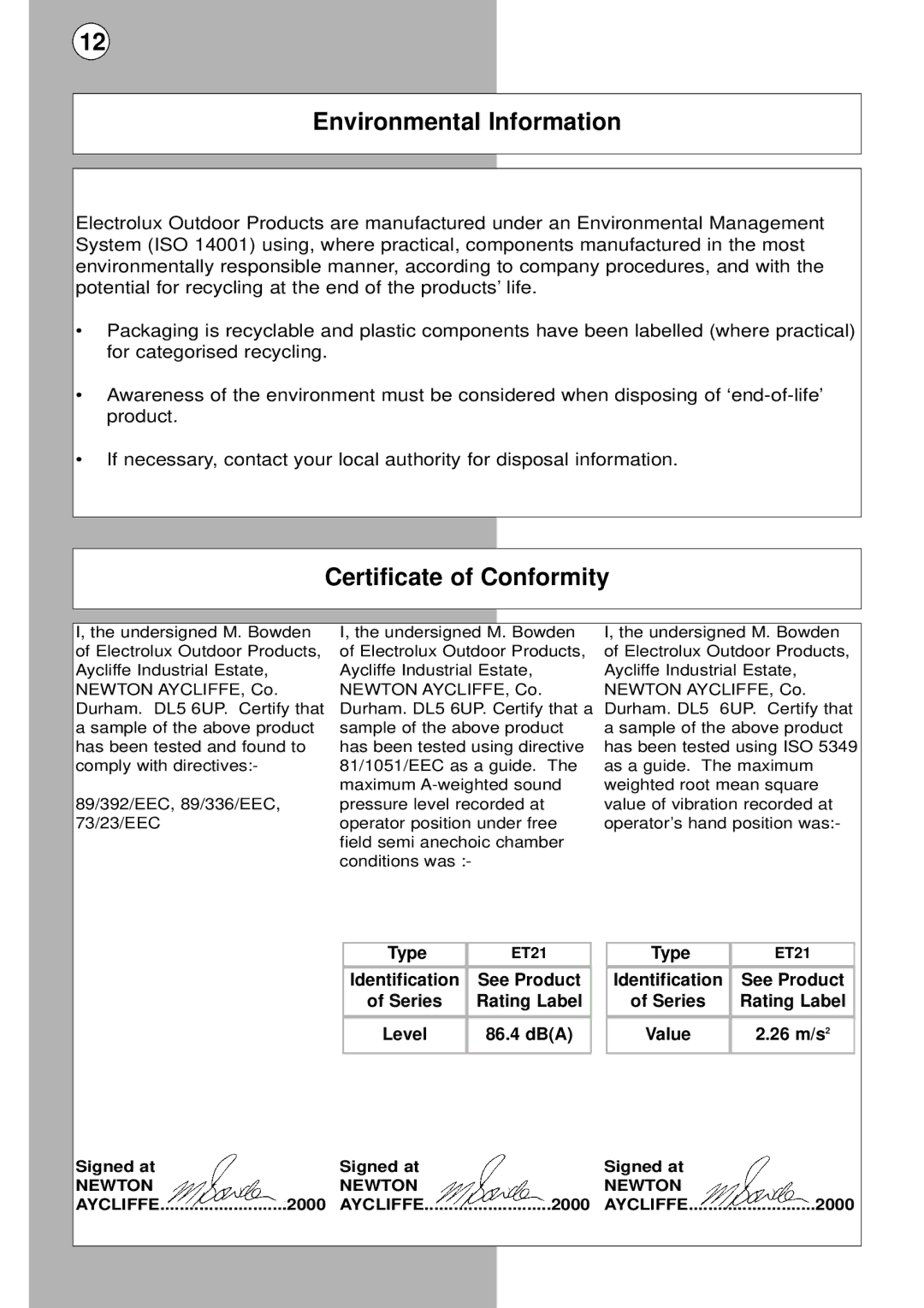 Flymo Auto instruction manual Environmental Information, Certificate of Conformity, Type 