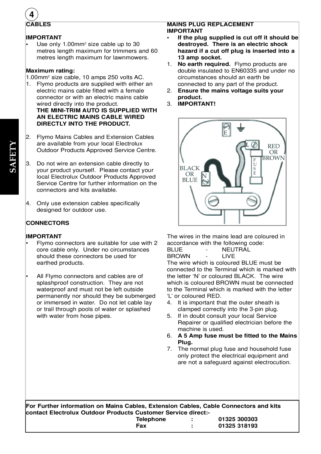 Flymo Auto instruction manual Maximum rating, Amp fuse must be fitted to the Mains Plug 