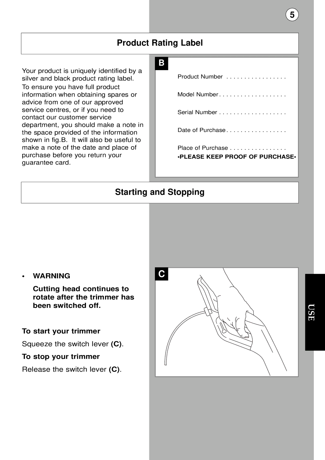 Flymo Auto instruction manual Product Rating Label, Starting and Stopping 