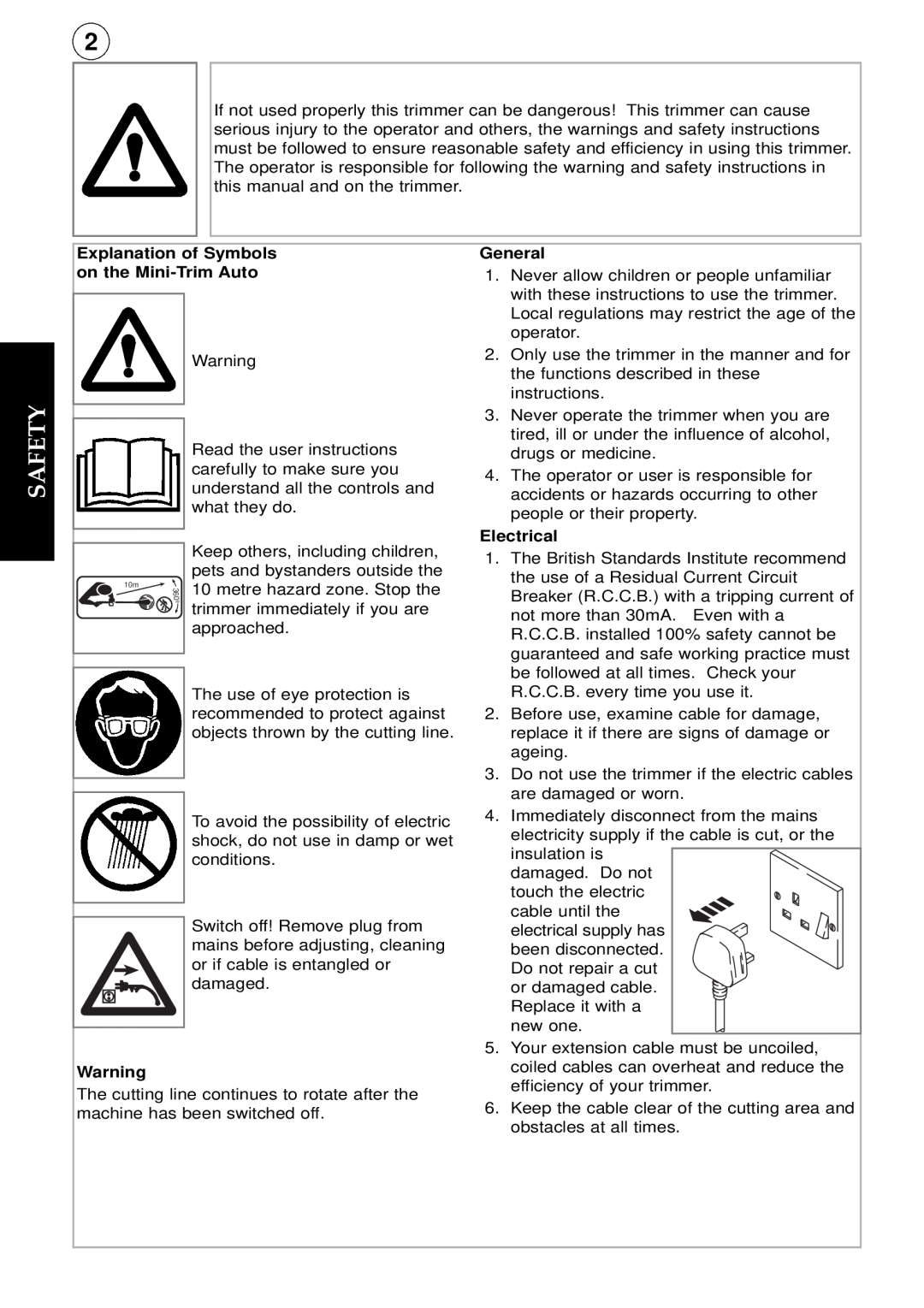 Flymo instruction manual Safety, Explanation of Symbols on the Mini-Trim Auto, General, Electrical 
